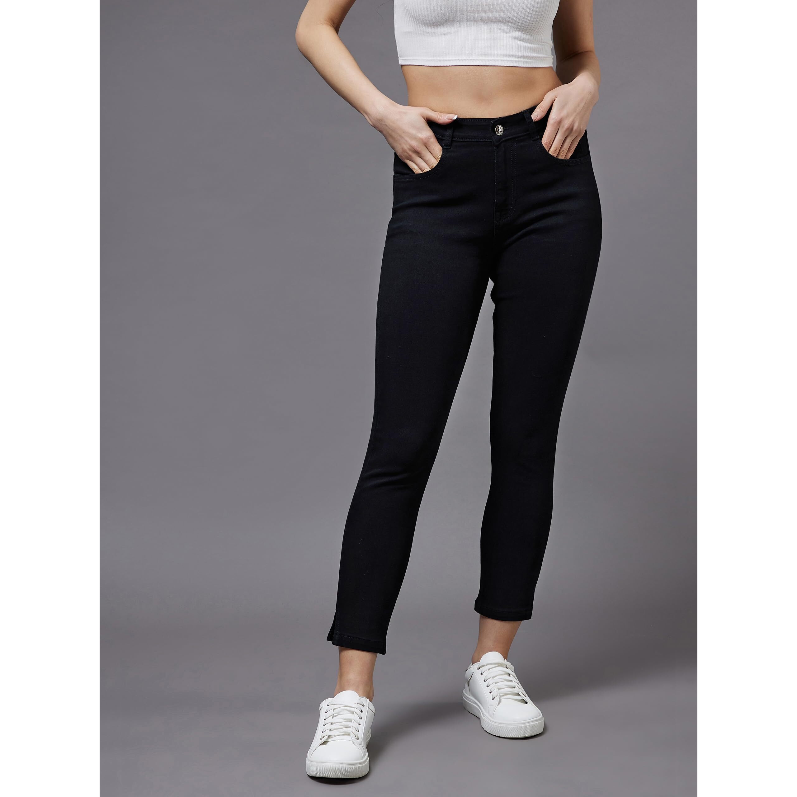 Miss Chase Women's Od Skinny High Rise Clean Look Cropped Stretchable Denim Jeans (Mcss24Den98-73-62-28, Black, 28)