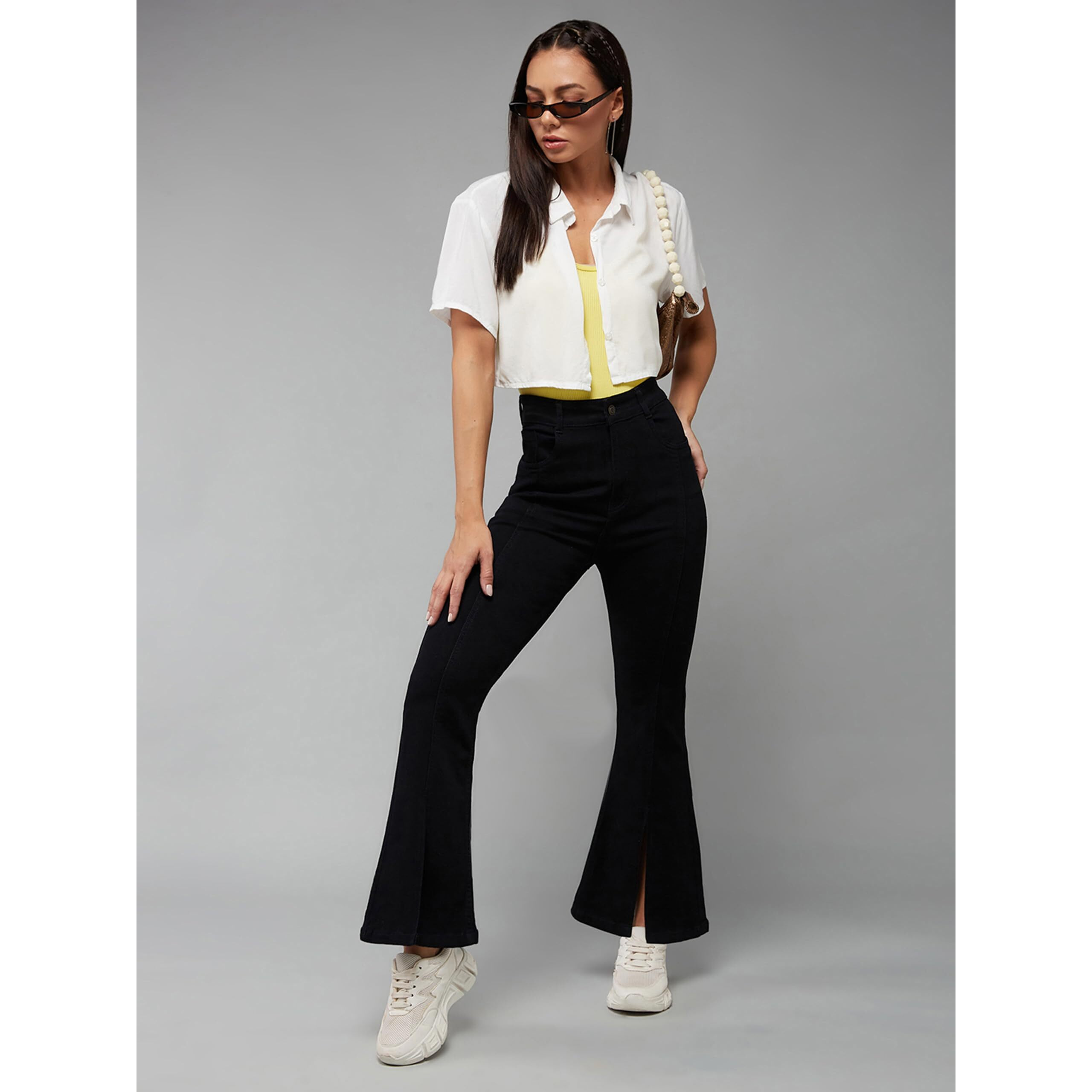 Miss Chase Women's Bootcut High Rise Clean Look Regular-Length Stretchable Denim Jeans (Mcss23Den12-45-62-32, Black, 32)