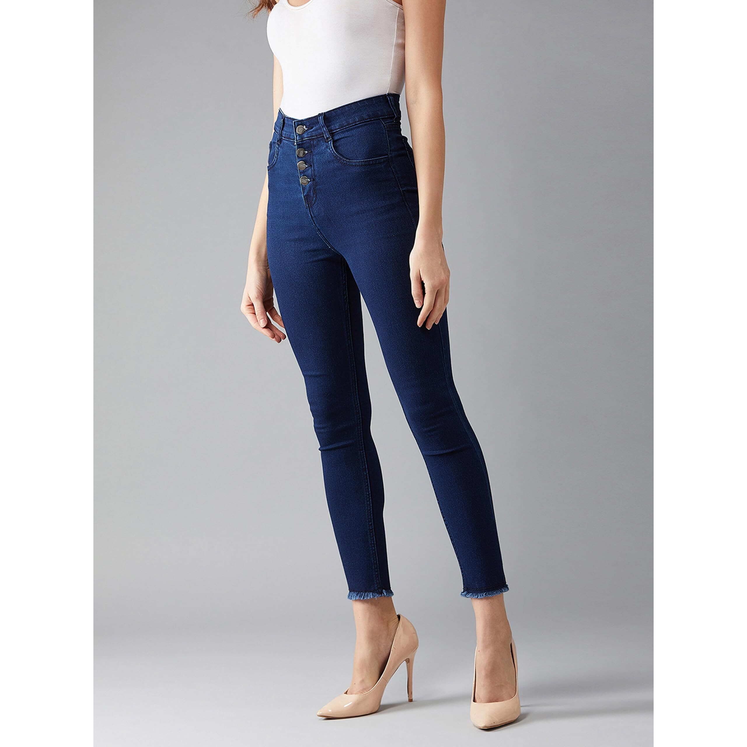 Miss Chase Women's Skinny High Rise Clean Look Solid Fringed Hemline Cropped Stretchable Denim Jeans (Mcss19Den08-20-71-32, Navy Blue, 32)