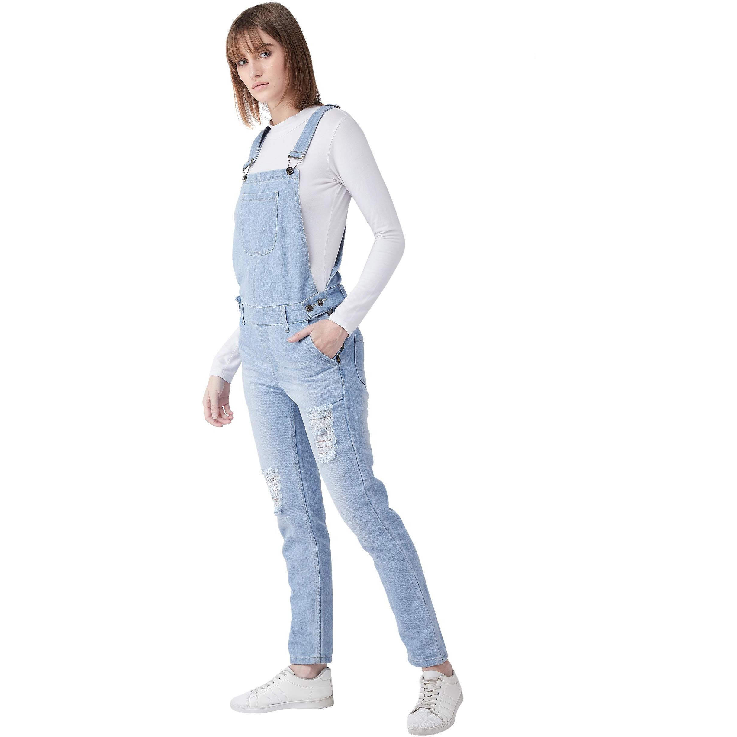 Miss Chase Women's Light Blue Regular Fit Mid Rise Regular Length Ripped Denim Dungaree (Mcss20Den99-26-158-28_Light Blue_28)