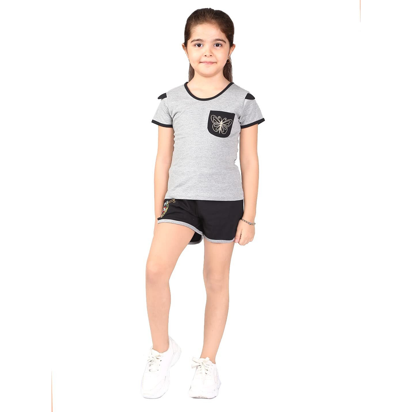 Naughty Ninos Girls Grey & Black Solid Top With Shorts (Nn00810Drs_6 Years-8 Years)