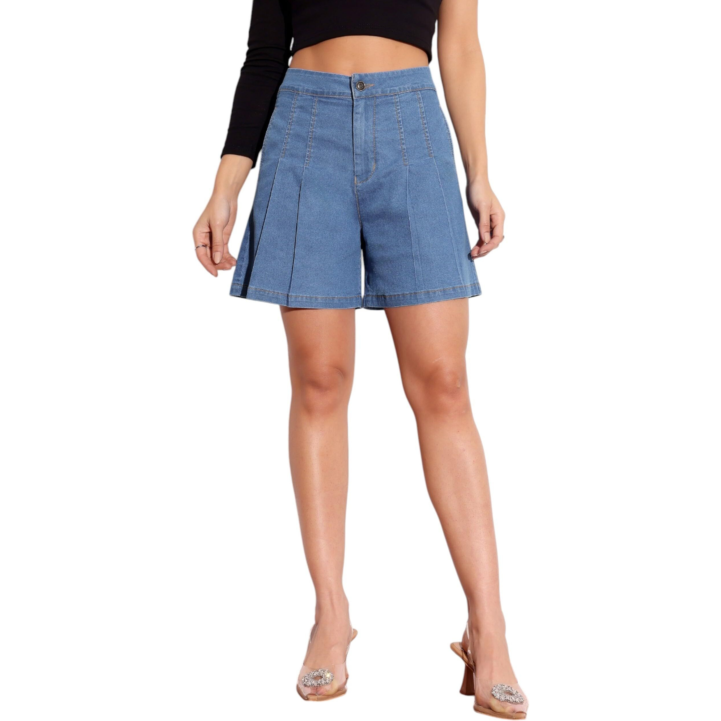 Miss Chase Bind Knot Denim Light Weight Shorts (Mcss22Den09-06-351-30, Sapphire Blue, 30)