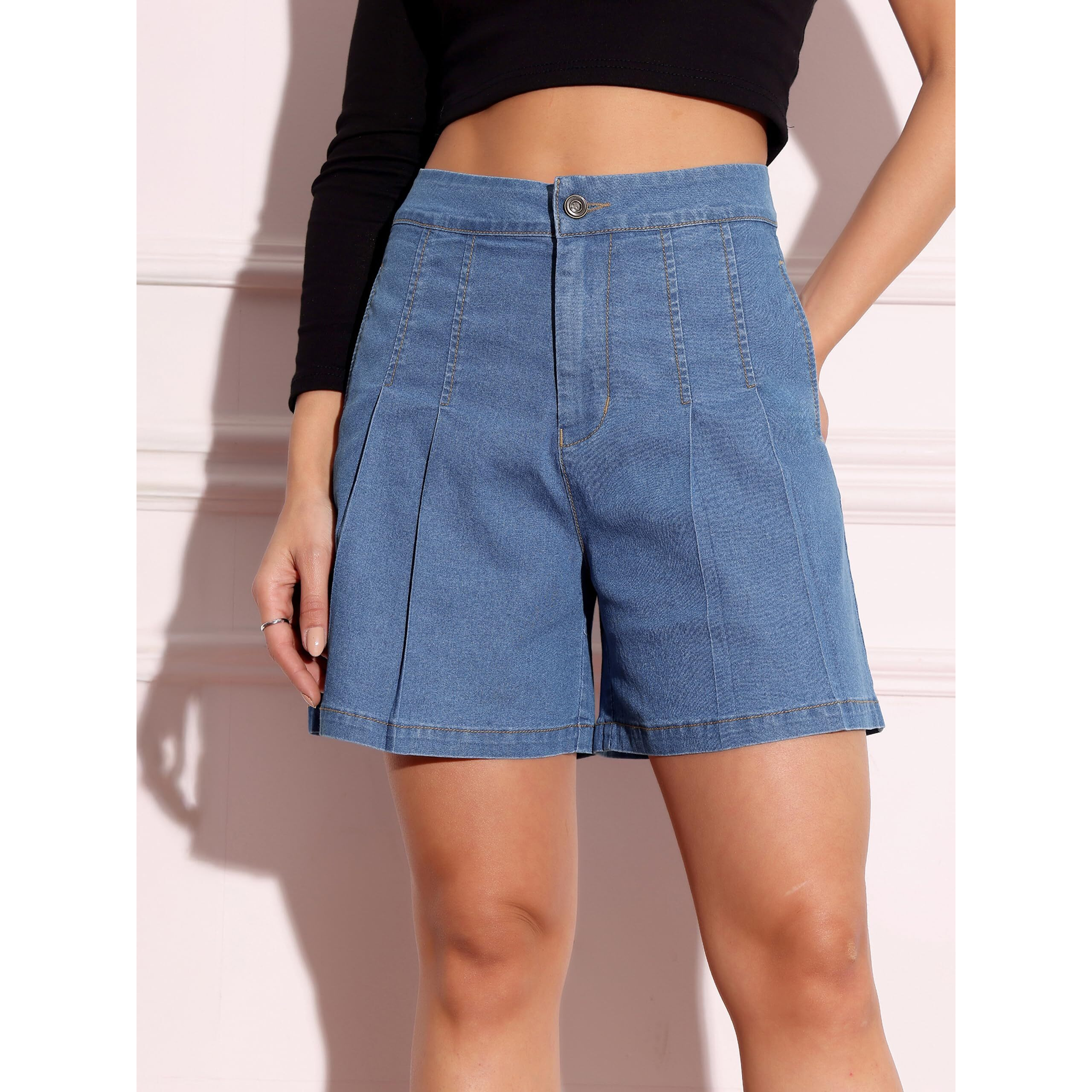 Miss Chase Bind Knot Denim Light Weight Shorts (Mcss22Den09-06-351-30, Sapphire Blue, 30)