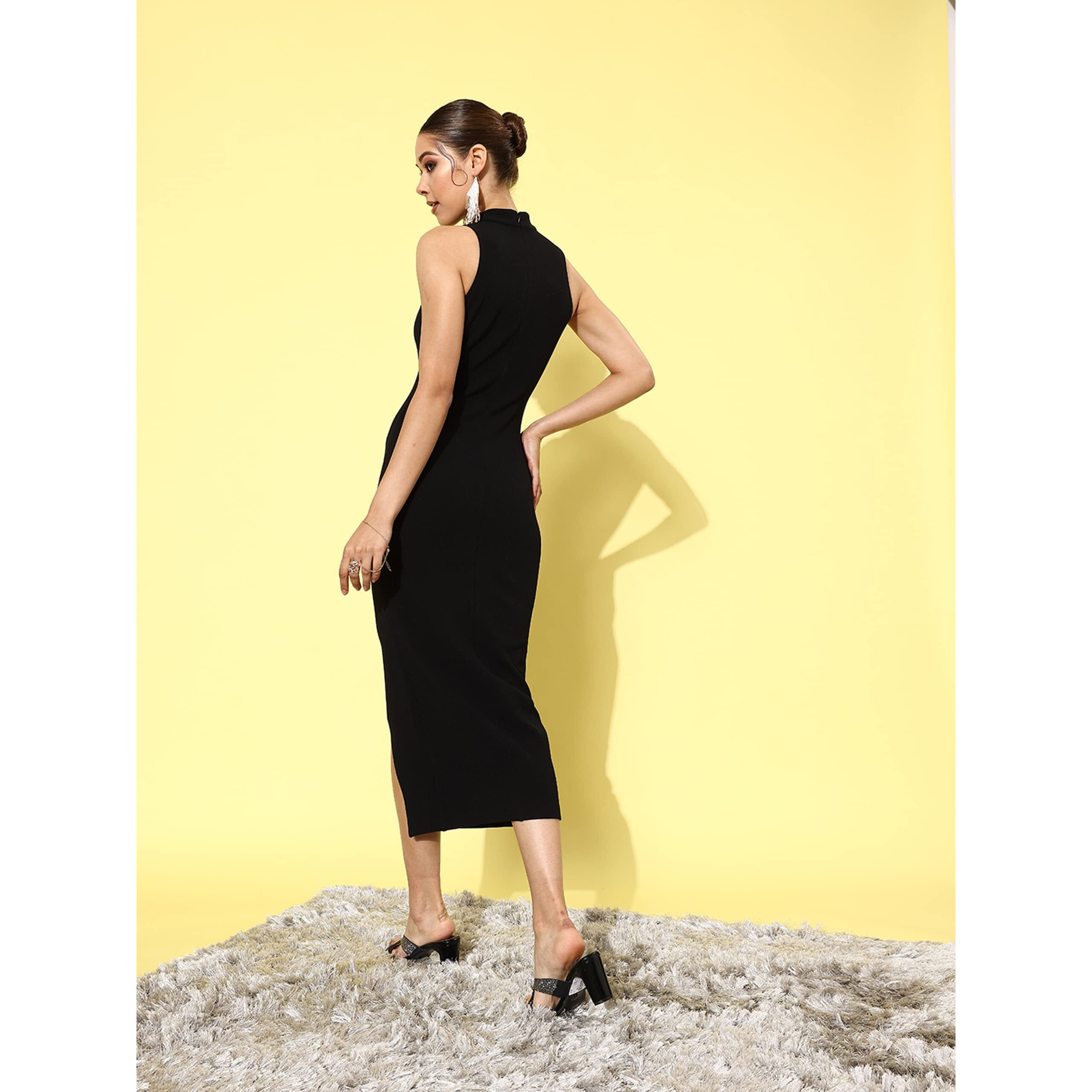 Miss Chase Women's Black & Silver Choker Neck Sleeveless Embellished Midi Dress (Mcss22D13-67-242-03, Black & Silver, S)