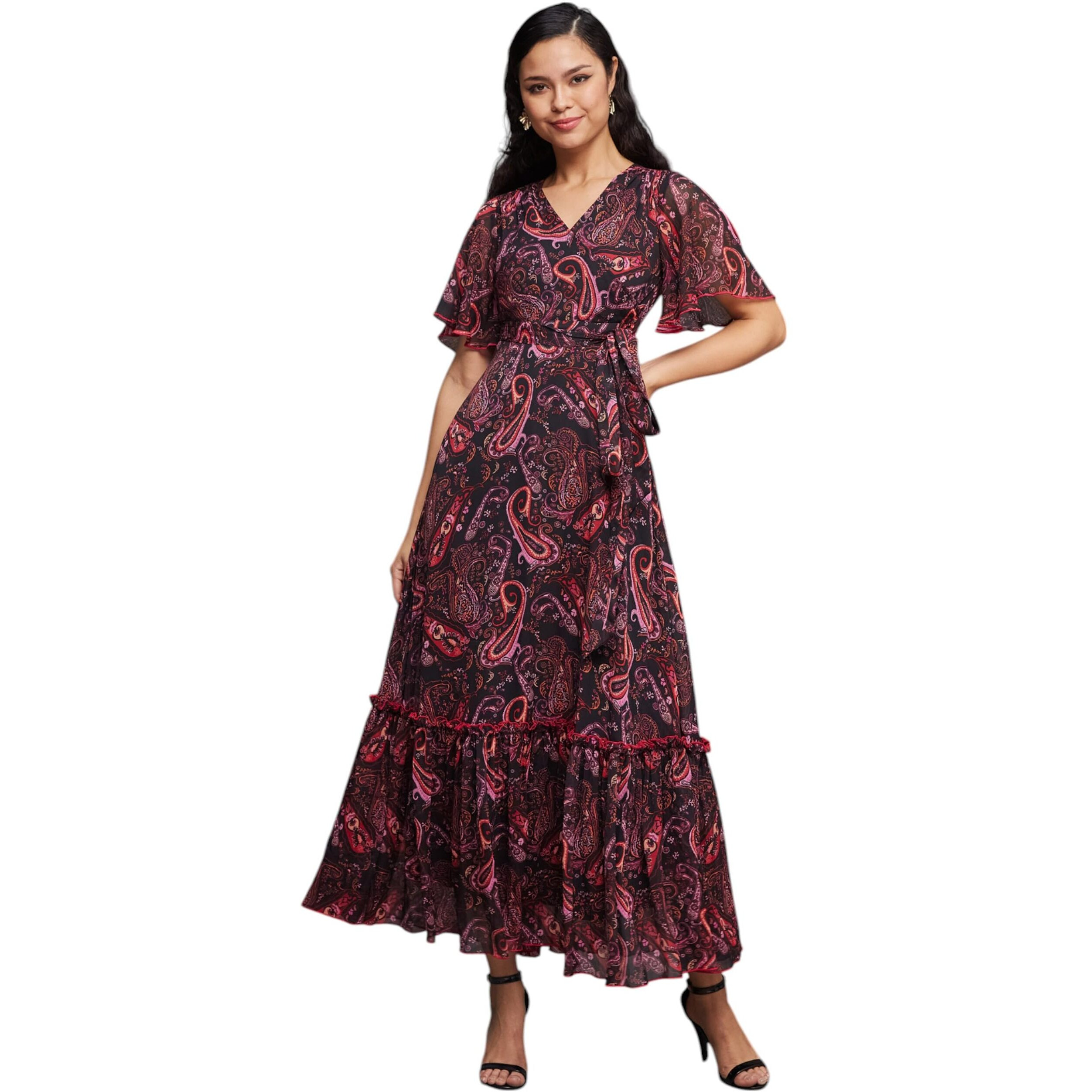 Miss Chase Women's V-Neck Maxi Dress (Mcss25D93-25-588-06, Multicolored Base Midnight Black, Xl)