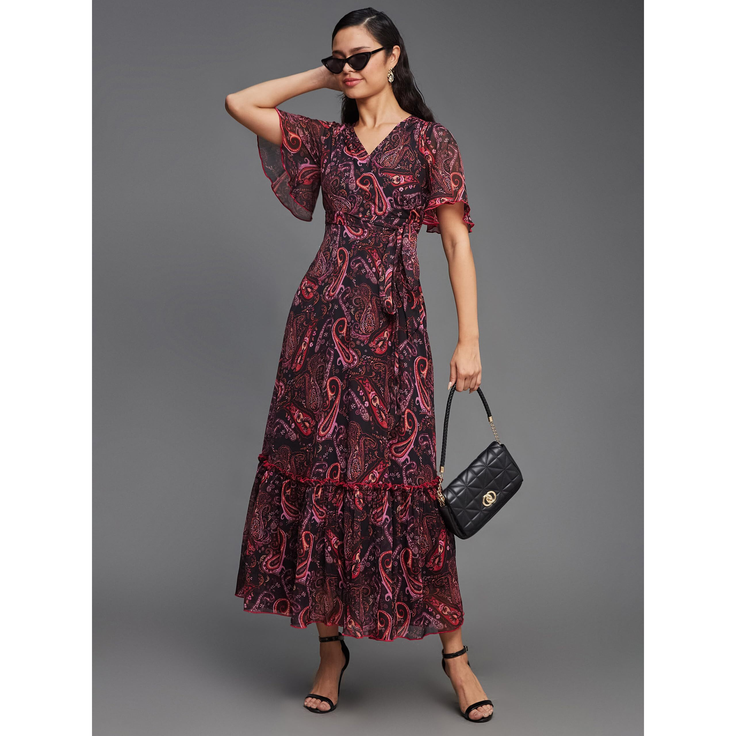 Miss Chase Women's V-Neck Maxi Dress (Mcss25D93-25-588-06, Multicolored Base Midnight Black, Xl)