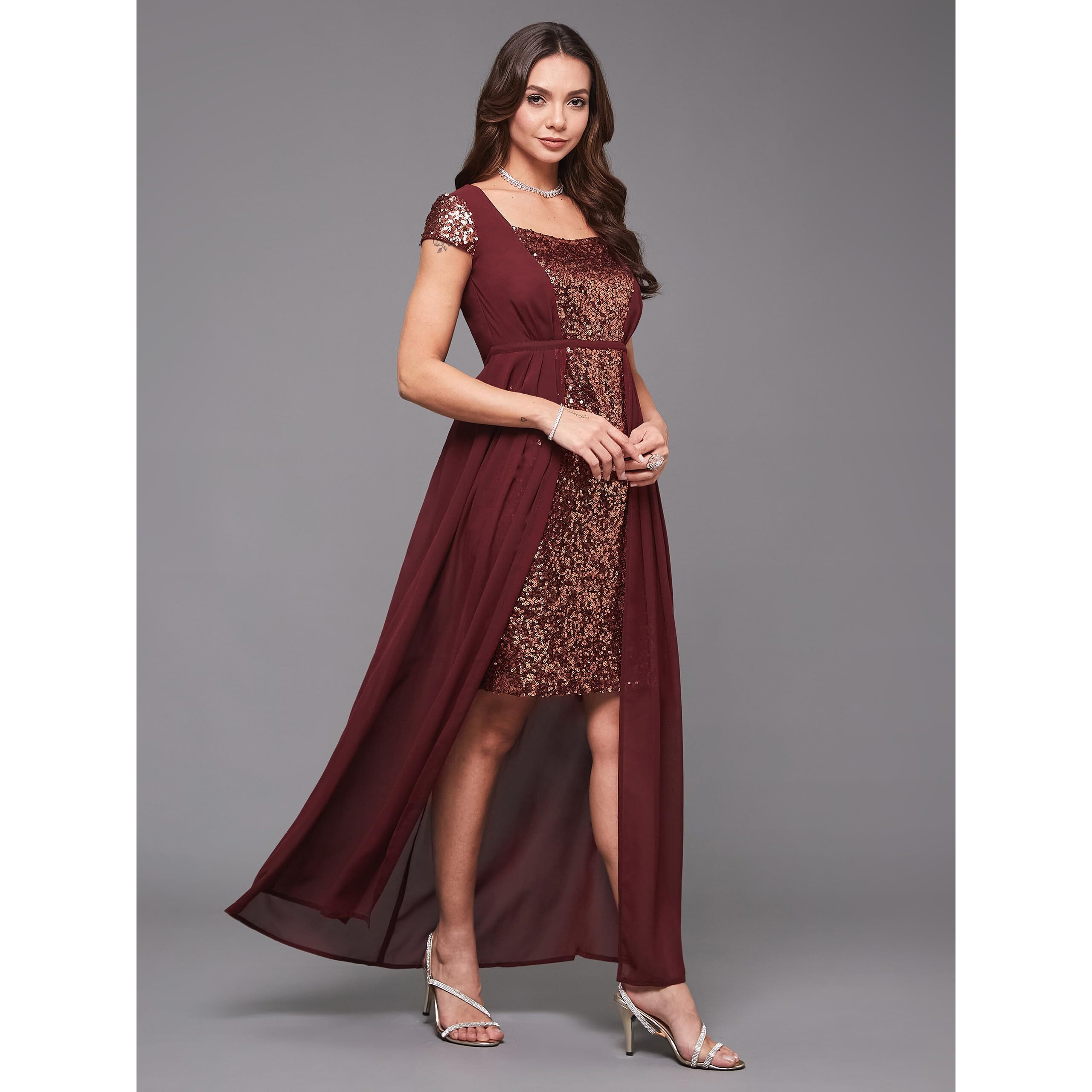 Miss Chase Women's Embellished Fit & Flare Maxi Dress (Mcaw21D13-23-184-06, Wine, Xl)