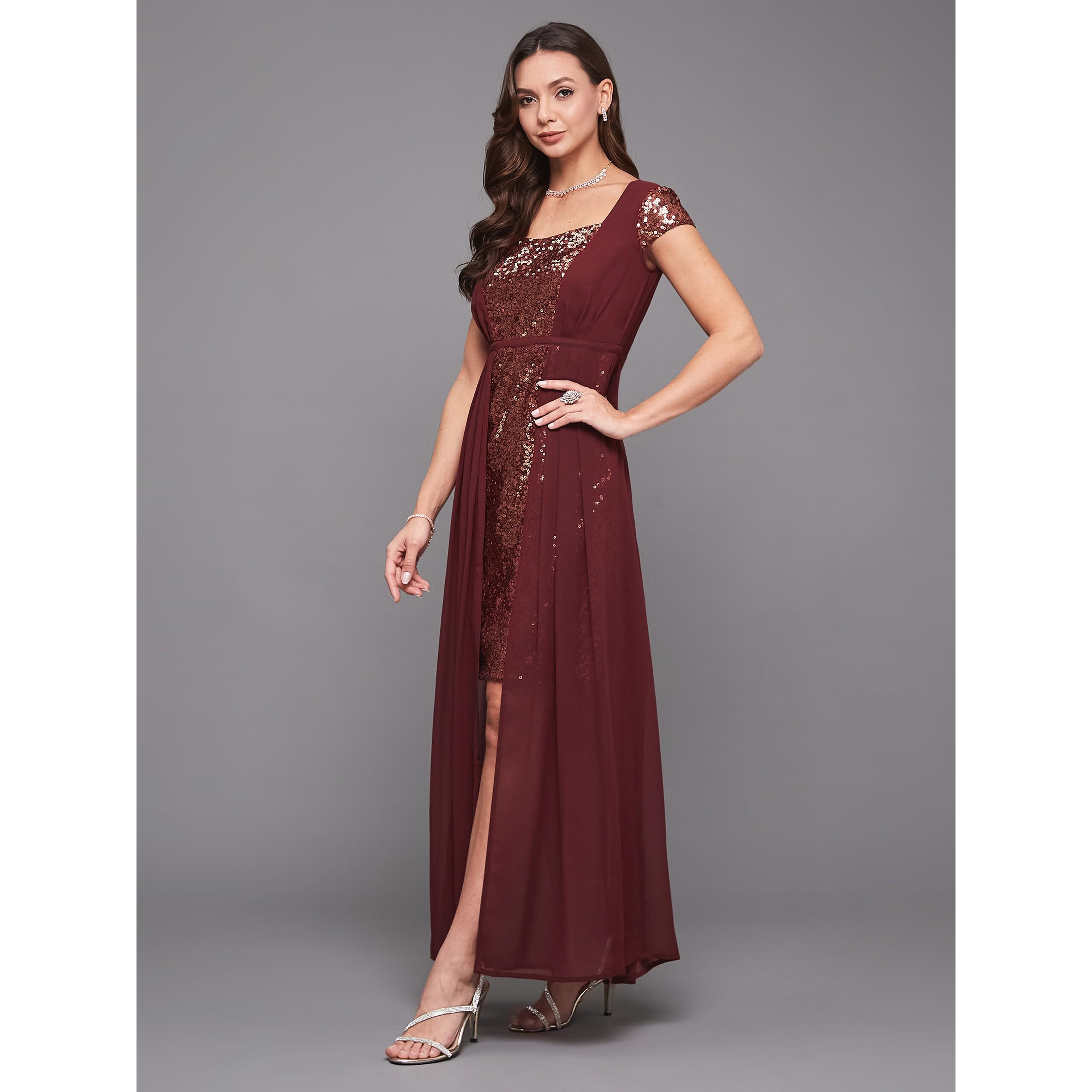 Miss Chase Women's Embellished Fit & Flare Maxi Dress (Mcaw21D13-23-184-06, Wine, Xl)