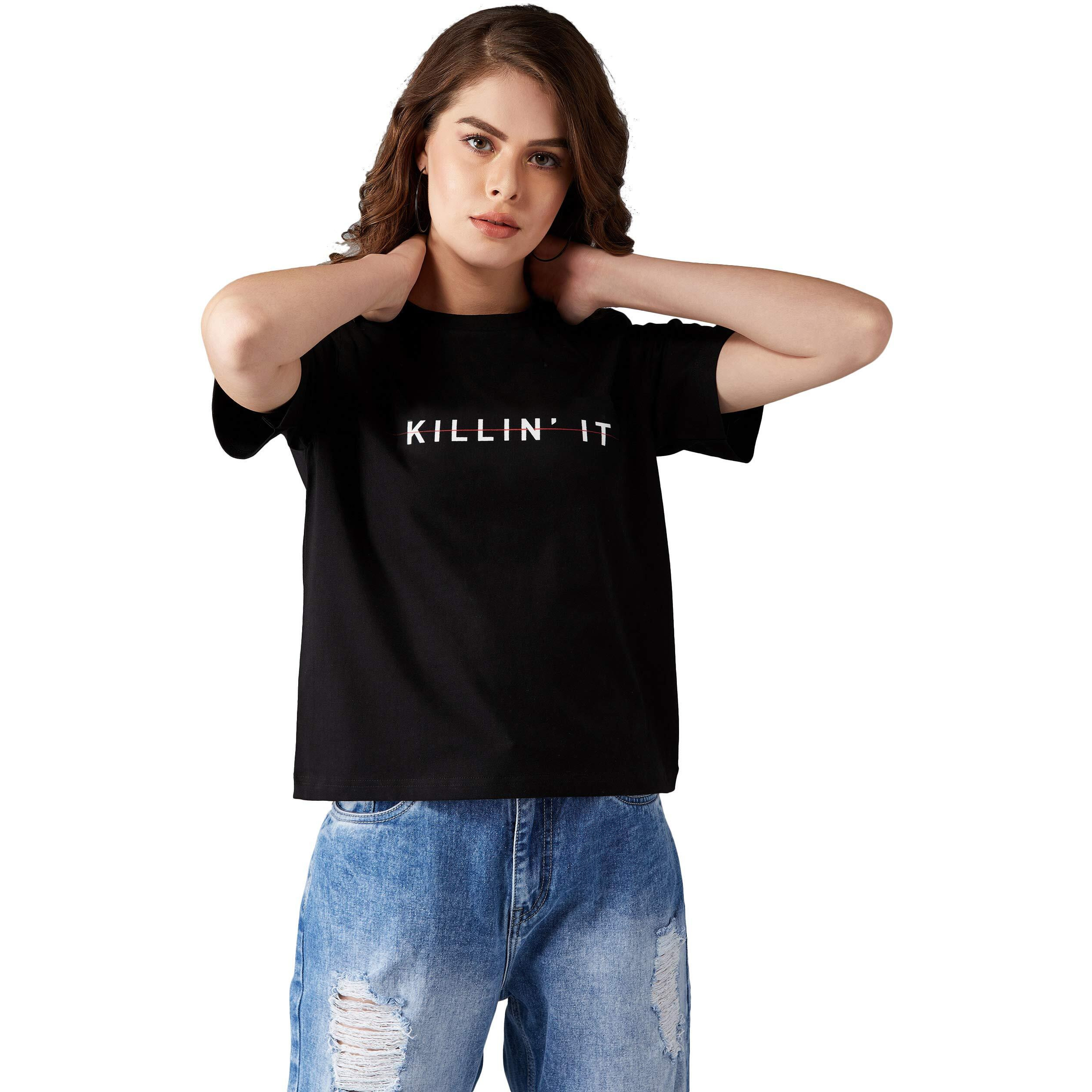 Miss Chase Women's Black 100% Cotton T-Shirt(Mcaw19Ts50-14-62-04,Black,Medium)