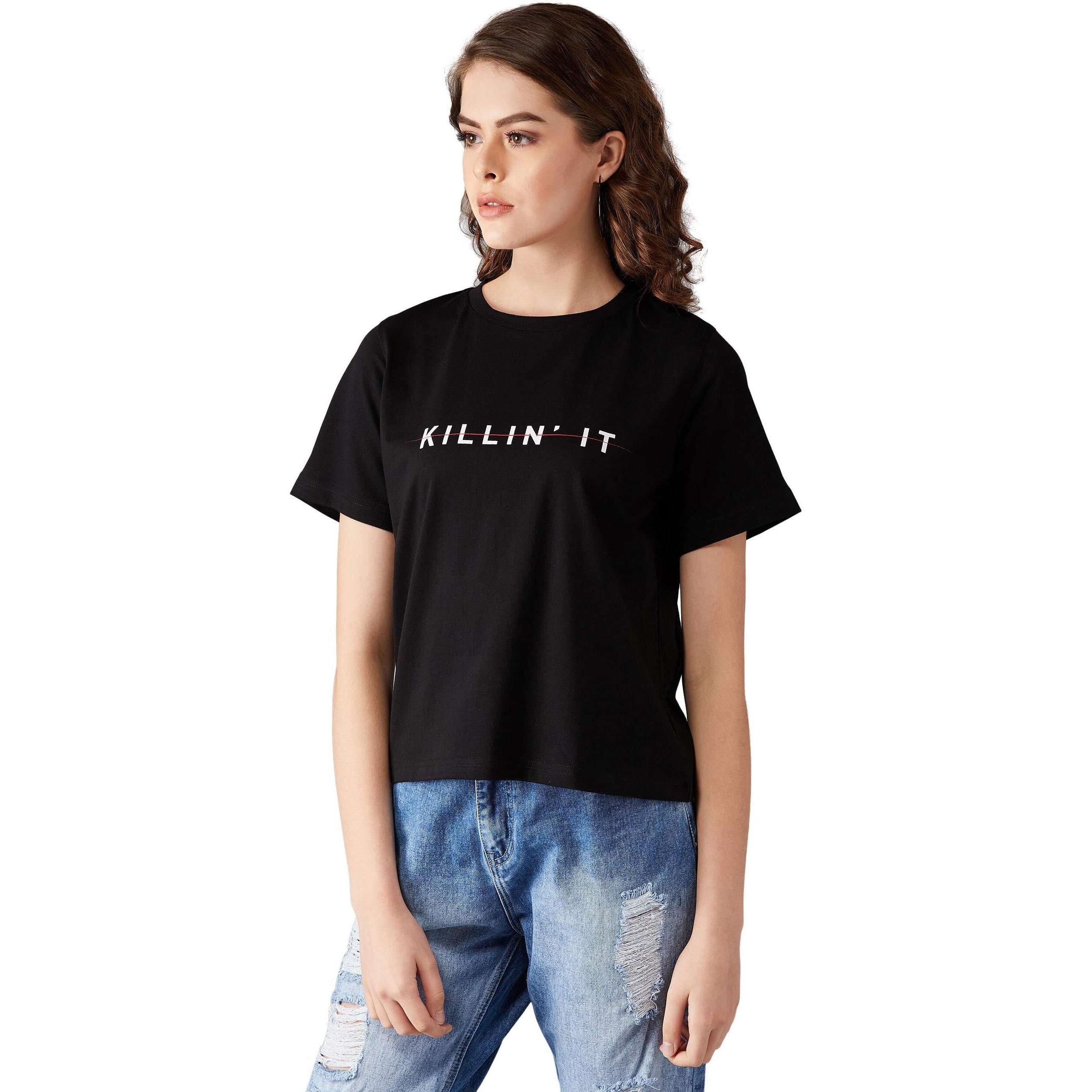 Miss Chase Women's Black 100% Cotton T-Shirt(Mcaw19Ts50-14-62-04,Black,Medium)