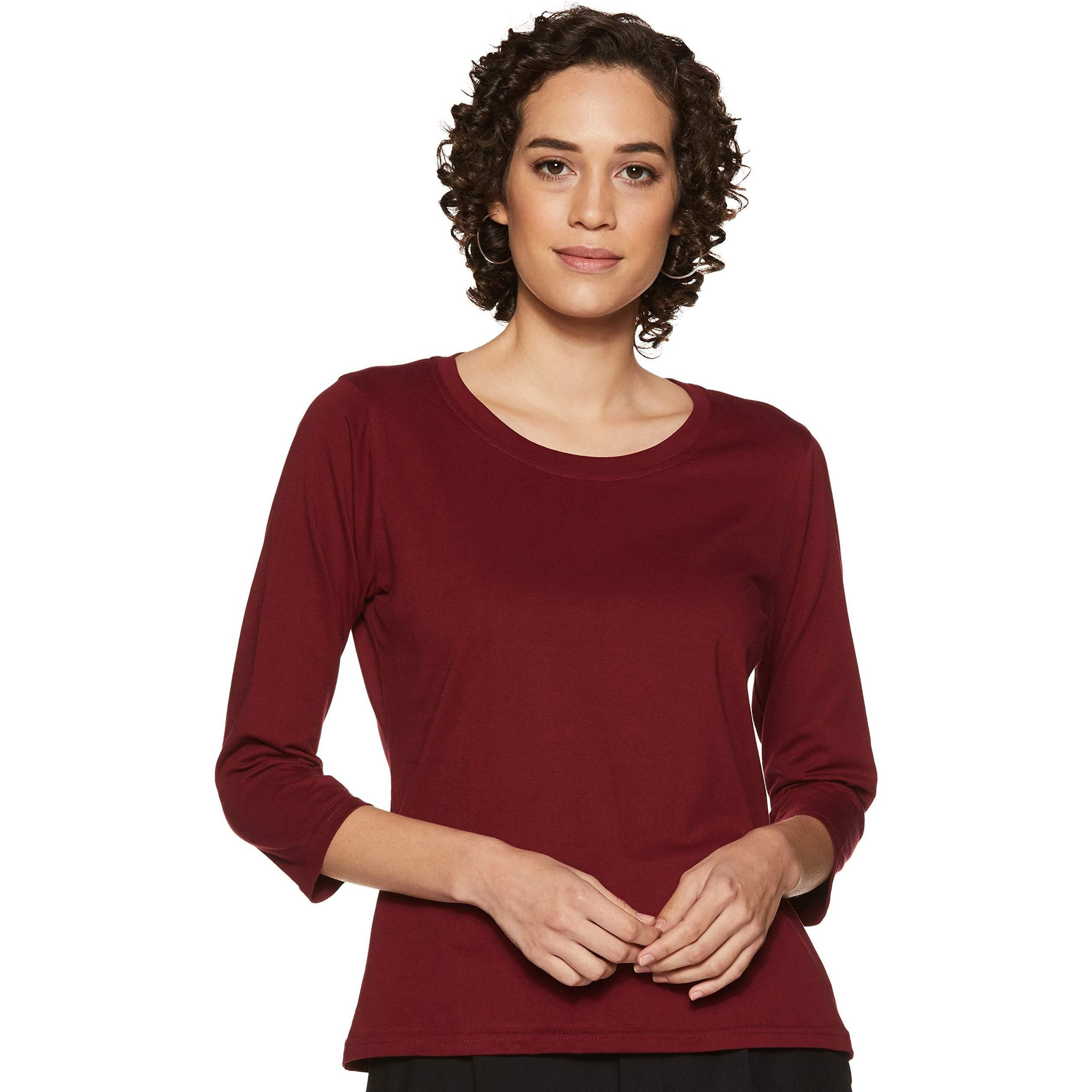 Miss Chase Women's 3/4Th Sleeves Round Neck Regular Fit Cotton Tee/Top/T-Shirt(Mcs14Ts01-06-143-02, Maroon, X-Small)