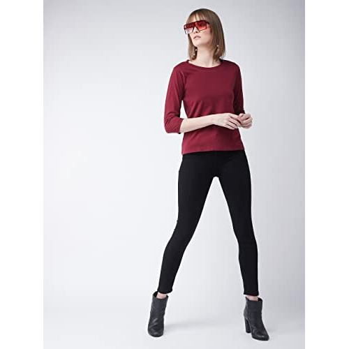 Miss Chase Women's 3/4Th Sleeves Round Neck Regular Fit Cotton Tee/Top/T-Shirt(Mcs14Ts01-06-143-02, Maroon, X-Small)