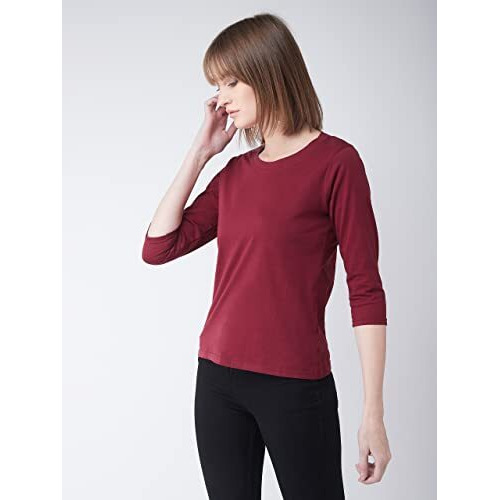 Miss Chase Women's 3/4Th Sleeves Round Neck Regular Fit Cotton Tee/Top/T-Shirt(Mcs14Ts01-06-143-02, Maroon, X-Small)