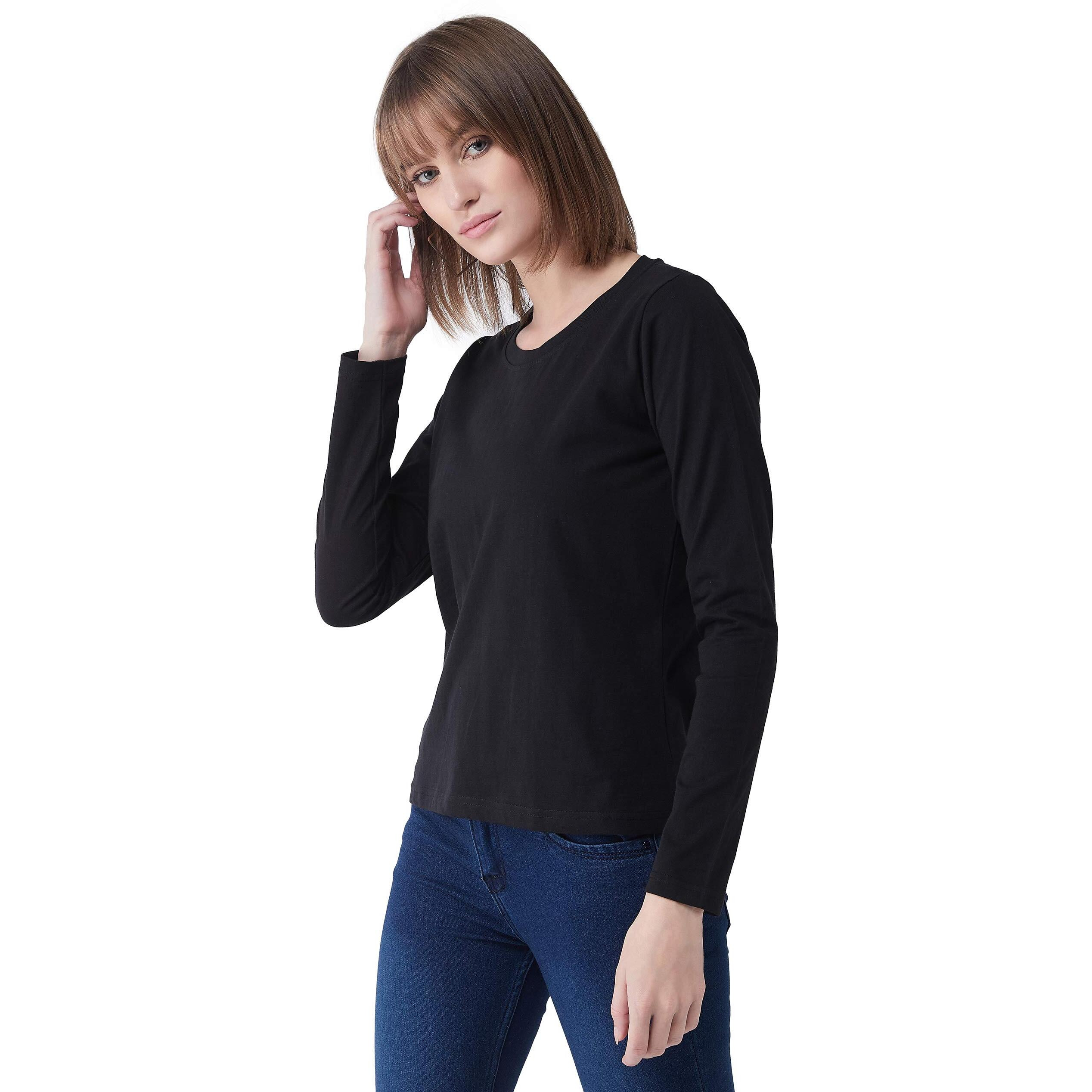 Miss Chase Women's Black Cotton Round Neck Full Sleeves Knitted Solid Basic Top (Mcss20Ts99-08-62-02_Black_Xs)