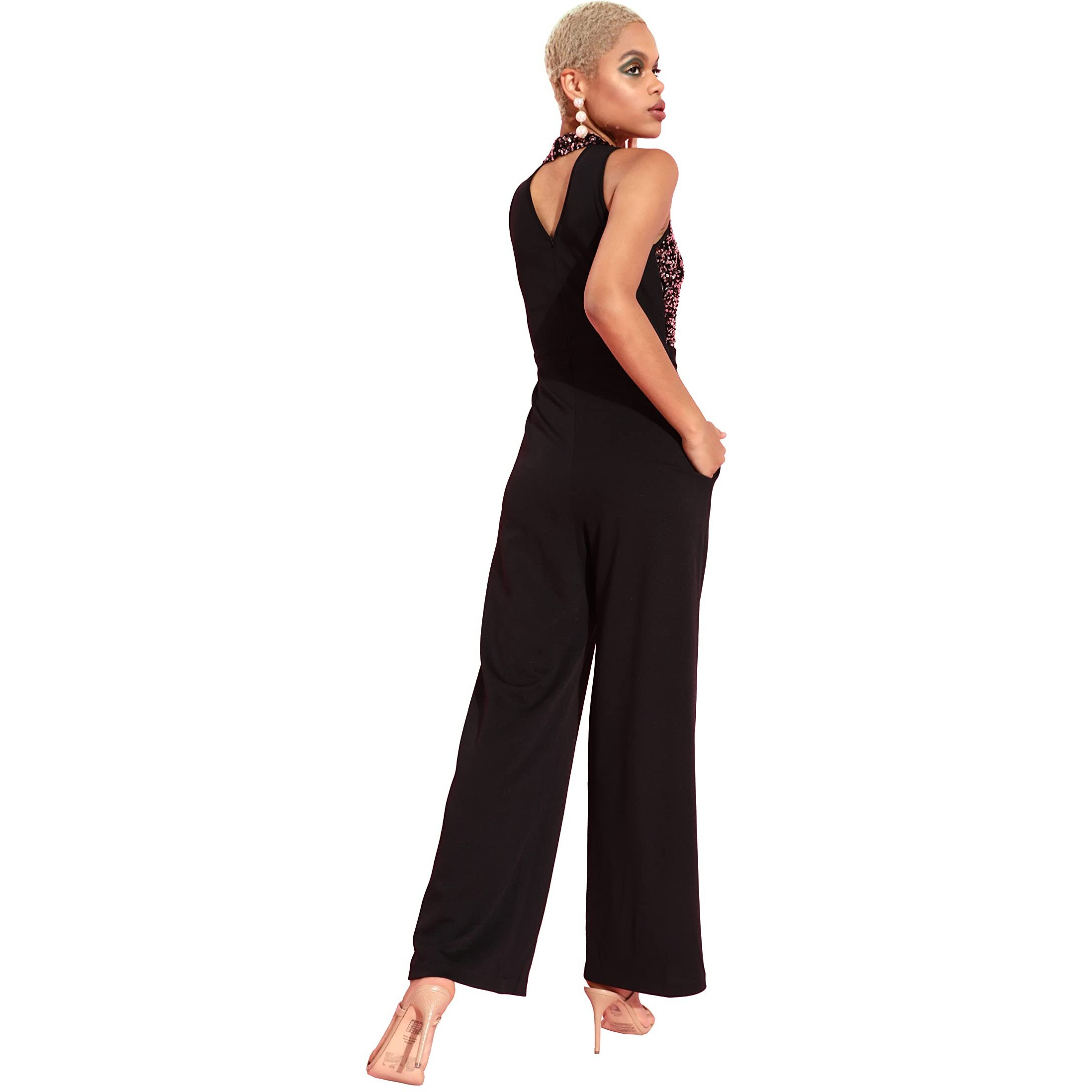 Miss Chase Women's Black & Lavender Embellished Regular Jumpsuit (Mcaw21D15-01-245-06, Black & Lavender, Xl)