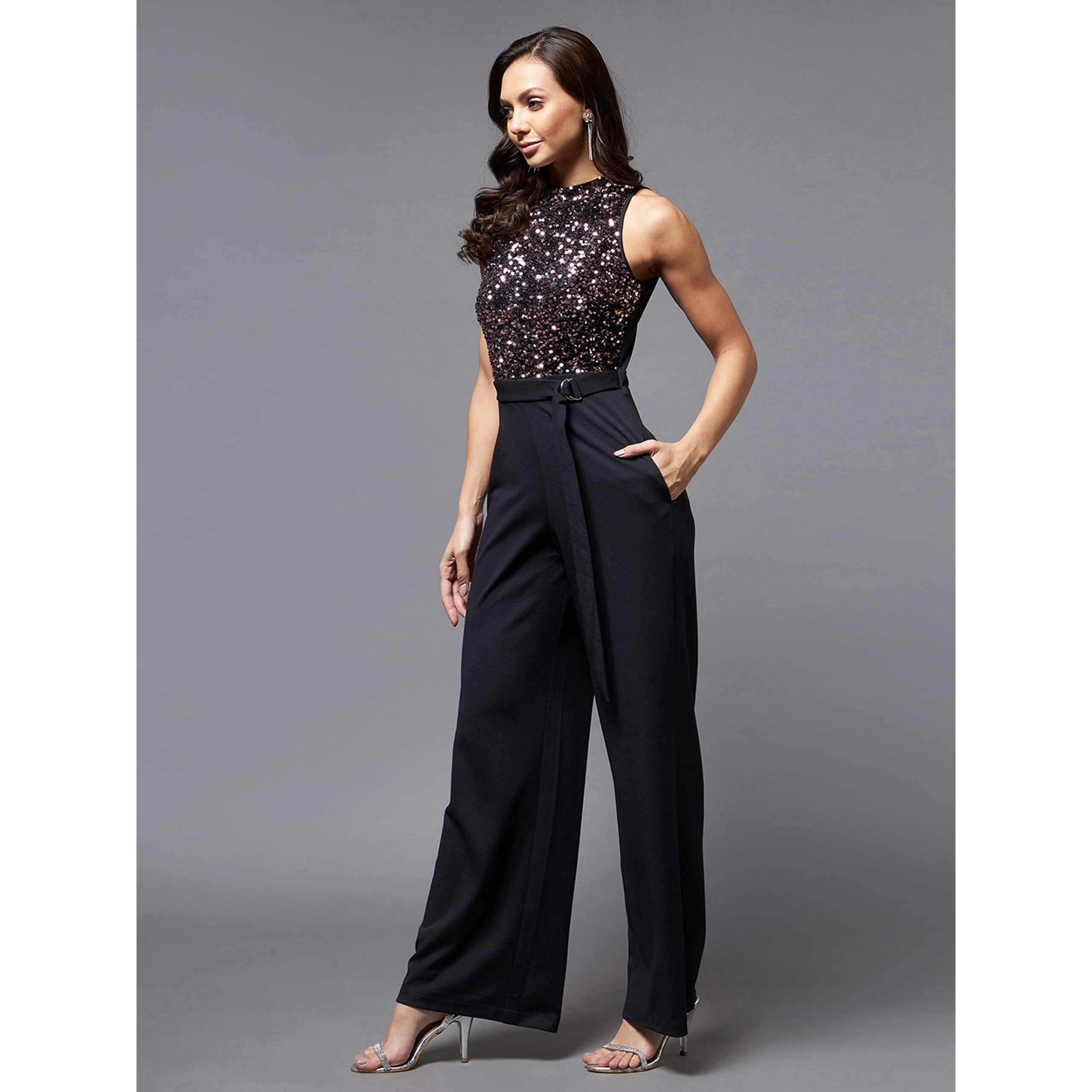 Miss Chase Women's Black And Lavender Embellished Regular Jumpsuit (Mcss22D99-73-245-05, Black And Lavender, L)