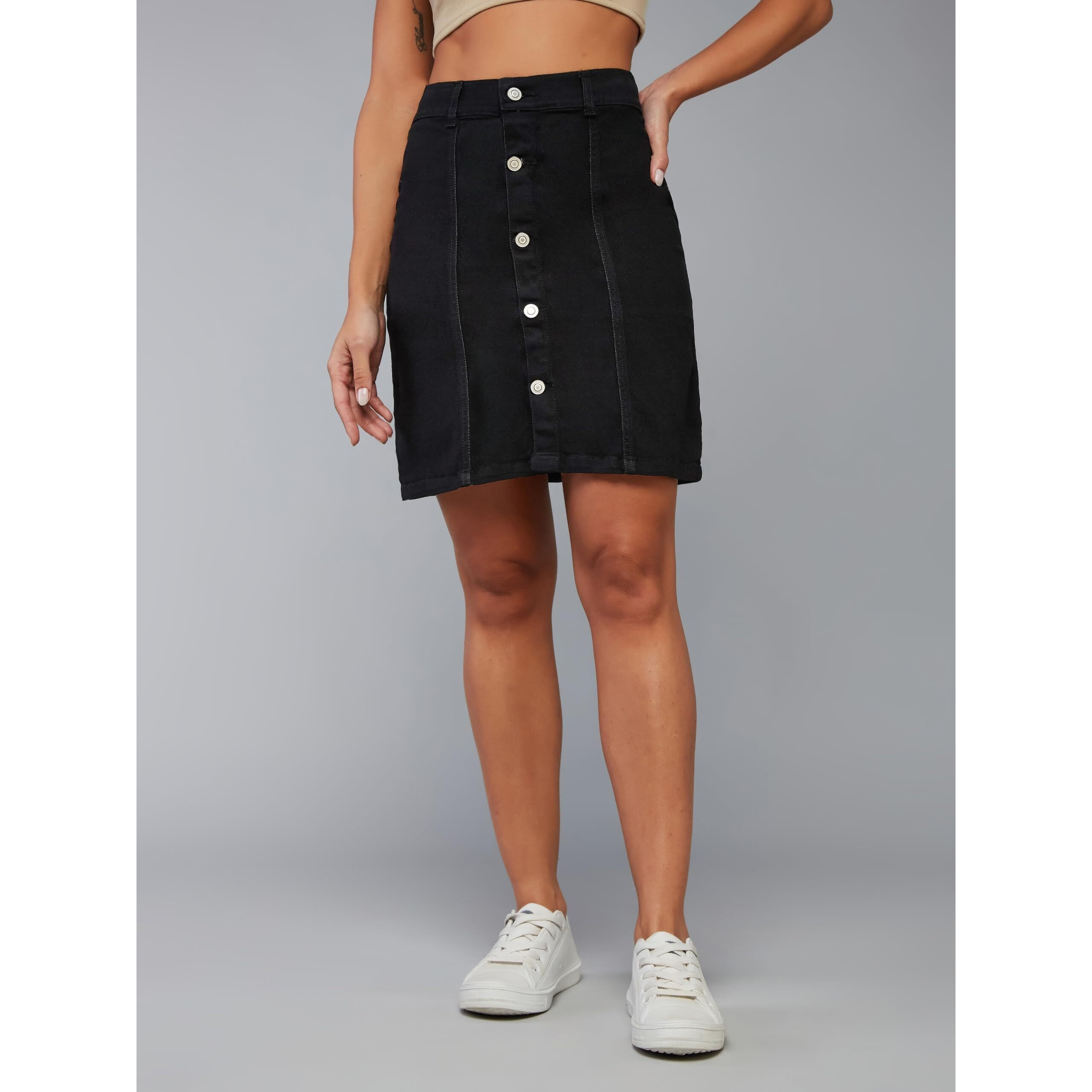 Miss Chase Women's Black A-Line Mini Denim Skirt(Mcss20Den11-04-62-30,Black,30)