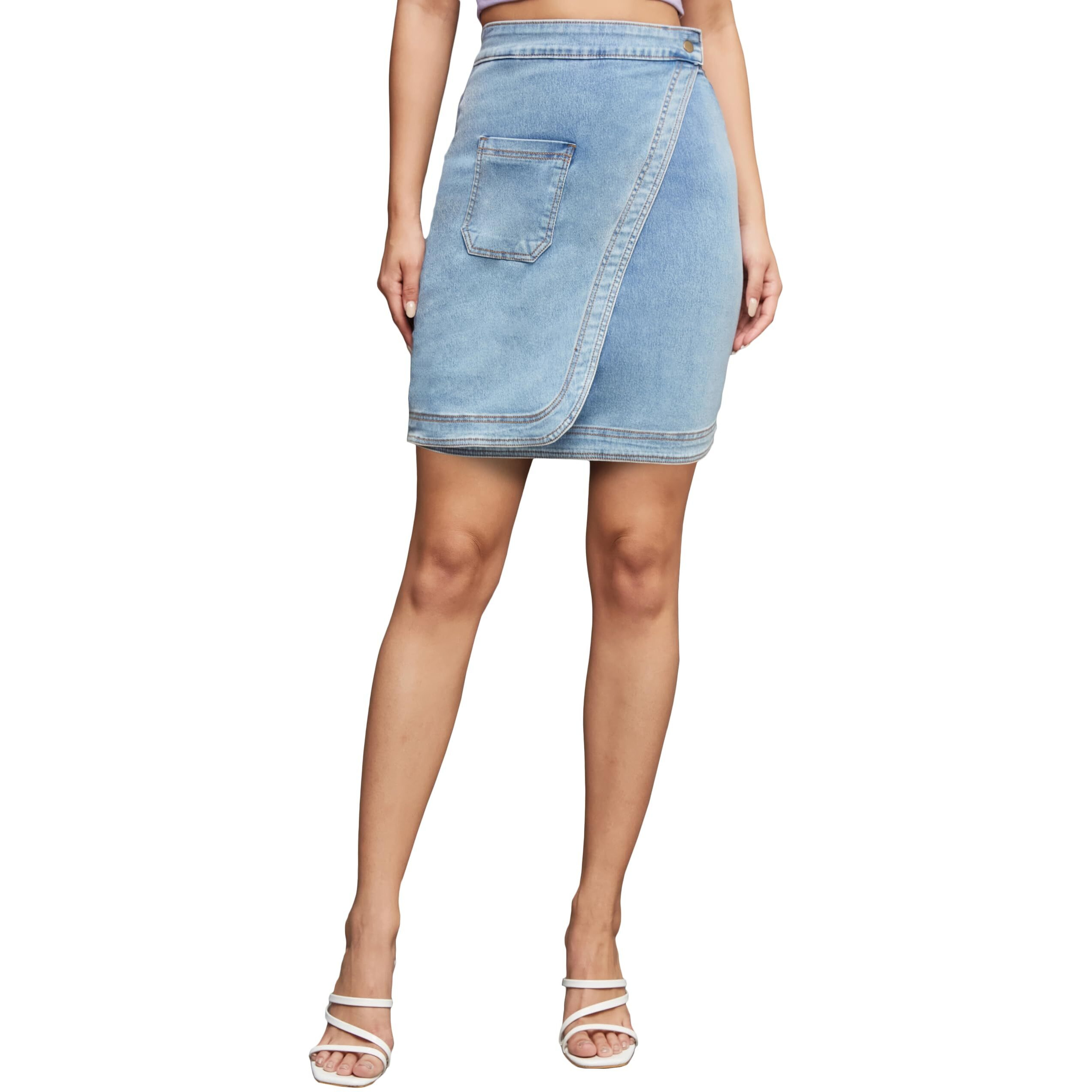 Miss Chase Women's Regular High Rise Clean Look Above Knee Stretchable Denim Skirt With Pockets (Mcss22Den11-08-158-28, Light Blue, 28)