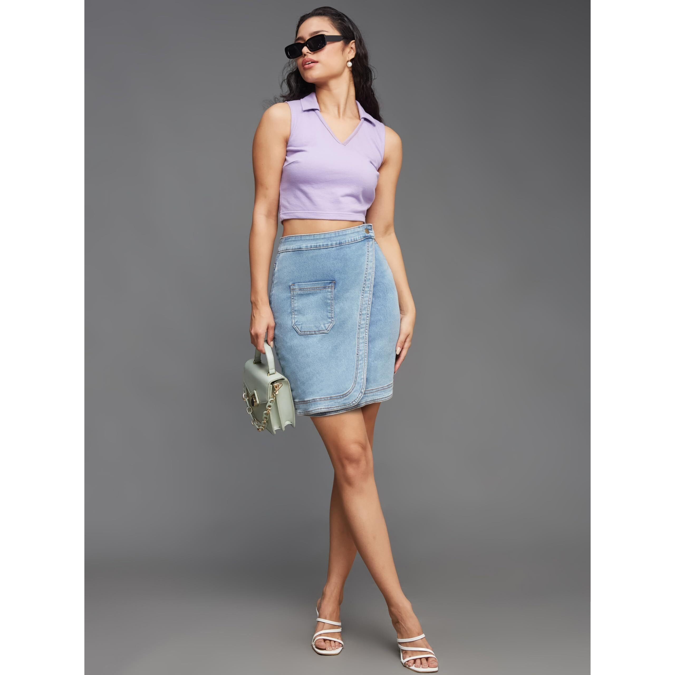 Miss Chase Women's Regular High Rise Clean Look Above Knee Stretchable Denim Skirt With Pockets (Mcss22Den11-08-158-28, Light Blue, 28)