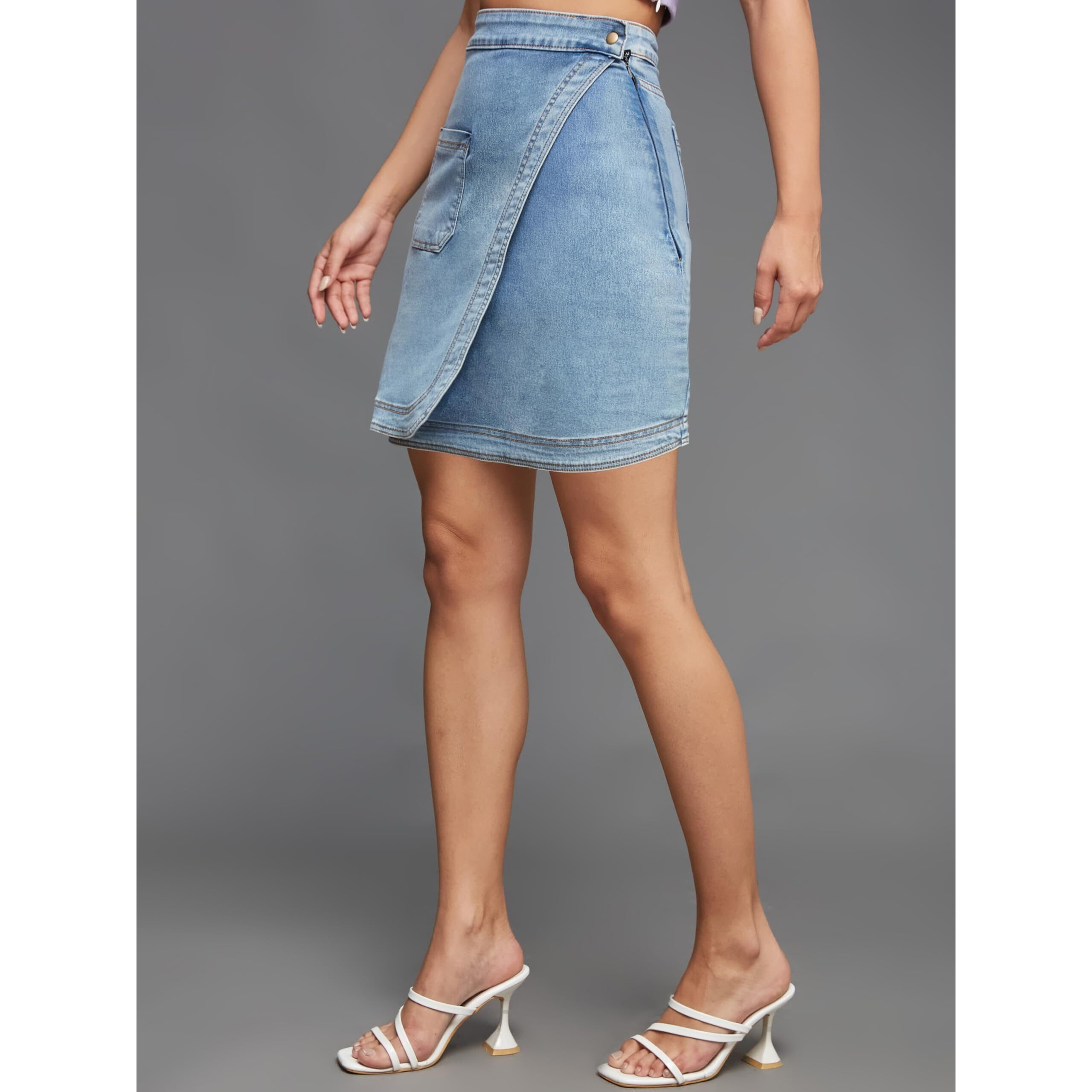 Miss Chase Women's Regular High Rise Clean Look Above Knee Stretchable Denim Skirt With Pockets (Mcss22Den11-08-158-28, Light Blue, 28)