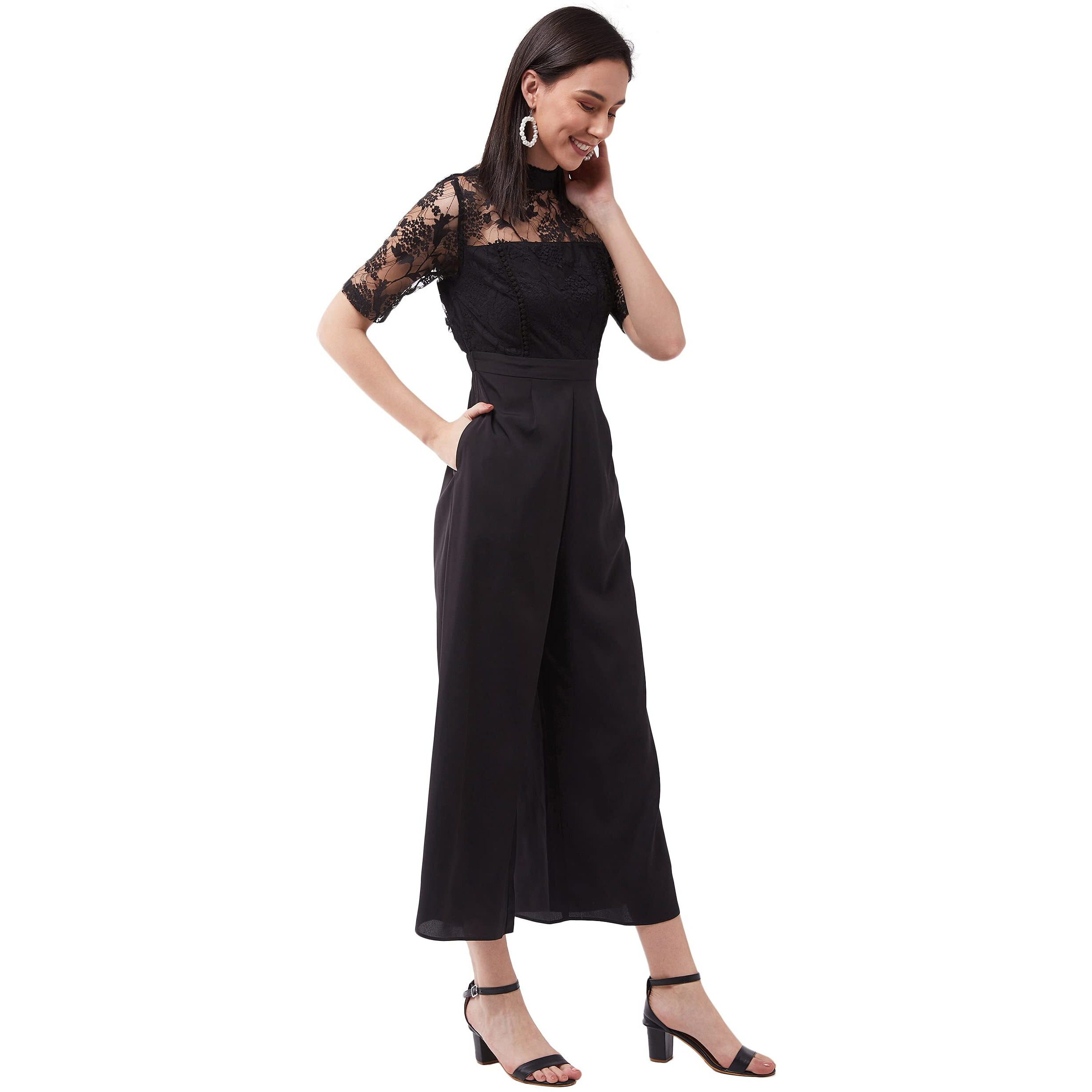 Miss Chase Women's Black Floral Printed Crepe Regular Fit Polo Neck Short Sleeve Regular Length Jumpsuit (Mcss21D04-87-62-06,Black,Xl)