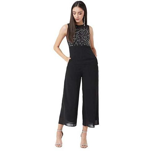Miss Chase Women's Black Boat Neck Solid Embellished Jumpsuit(Mcaw19D08-46-62-05,Black,Large)