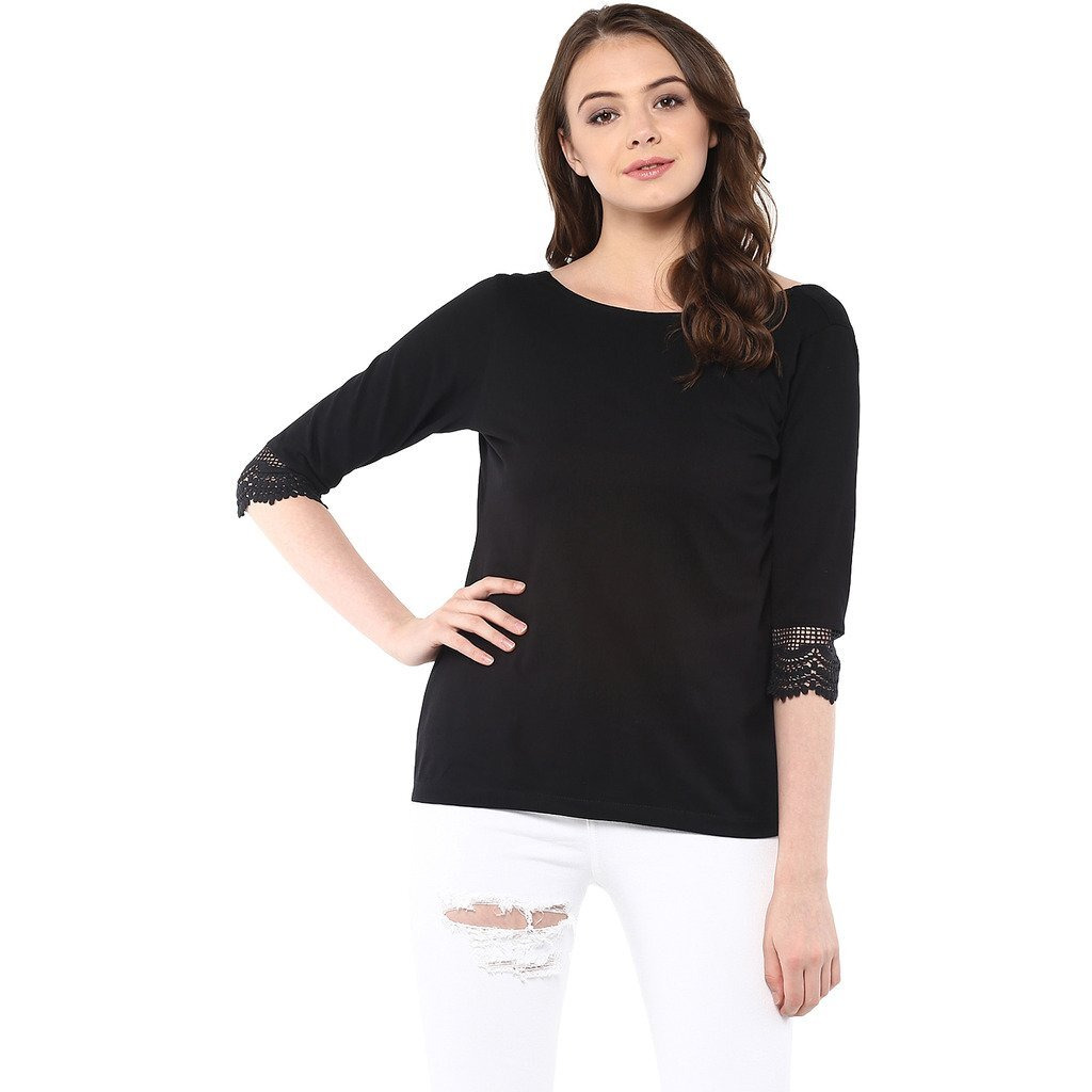 Miss Chase Women's Black 3/4 Sleeve Boat Neck Solid Top(Mcaw16Tp06-93-62-02_Black_X-Small)