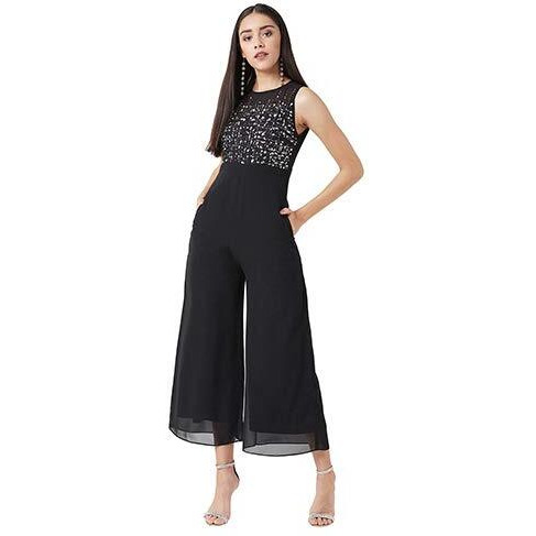 Miss Chase Women's Black Boat Neck Solid Embellished Jumpsuit(Mcaw19D08-46-62-06,Black,X-Large)
