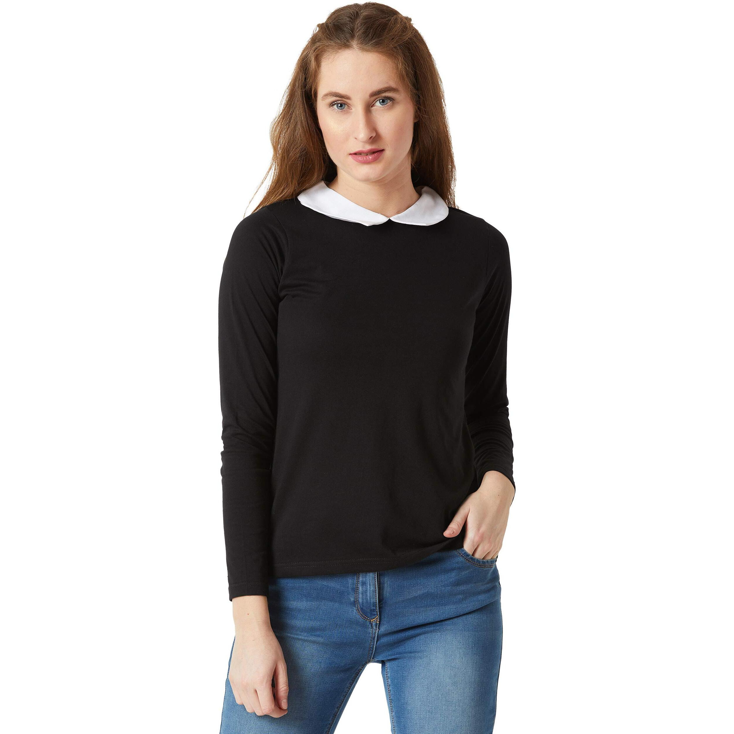 Miss Chase Women's Black Full Sleeve Cotton Top(Mcaw17Tp08-97-62-03_Black_Small)
