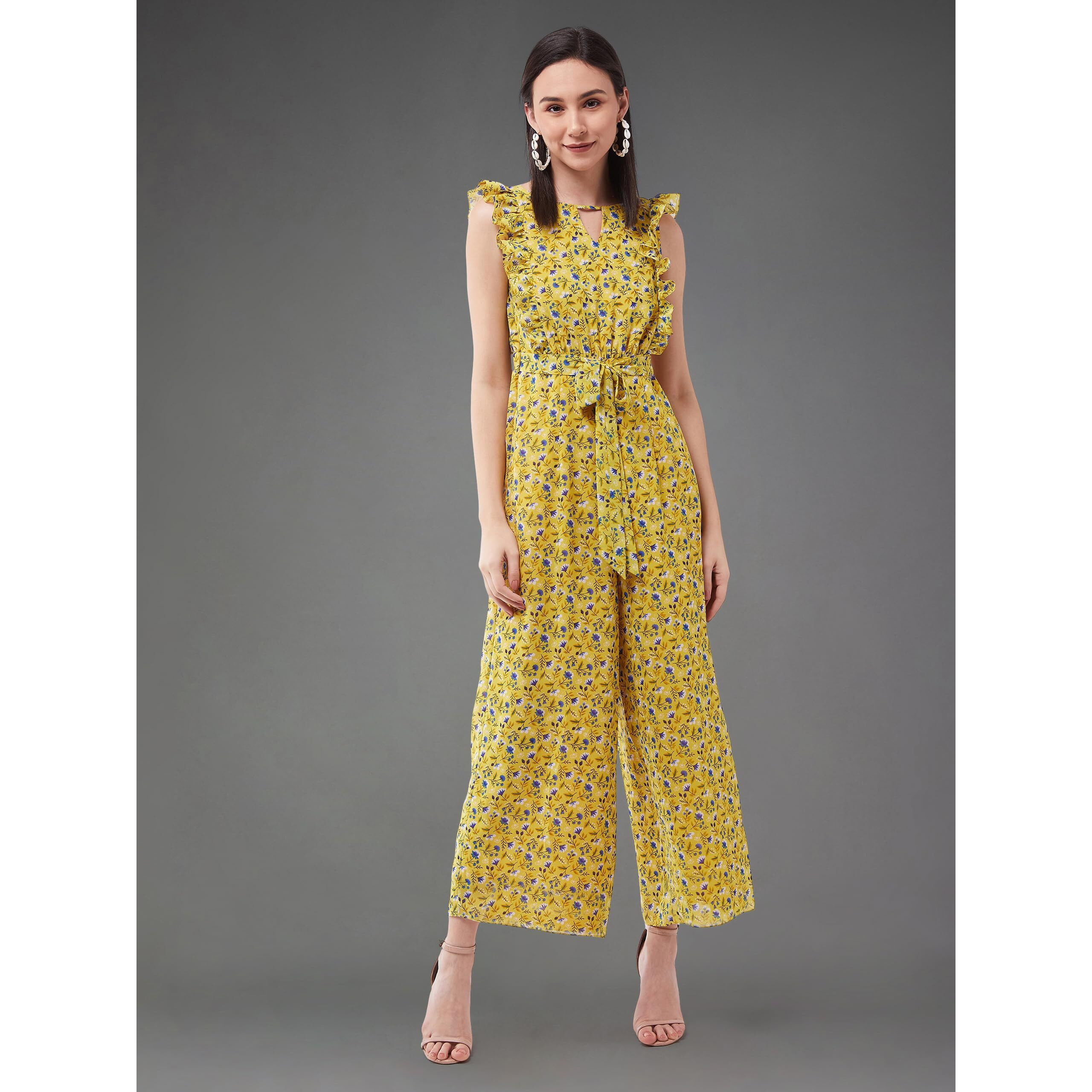 Miss Chase Women's Multicolored- Base- Yellow Round Neck Sleeveless Floral Wide Leg Regular Jumpsuit (Mcaw21D04-90-224-03,Multicolored- Base- Yellow,S)