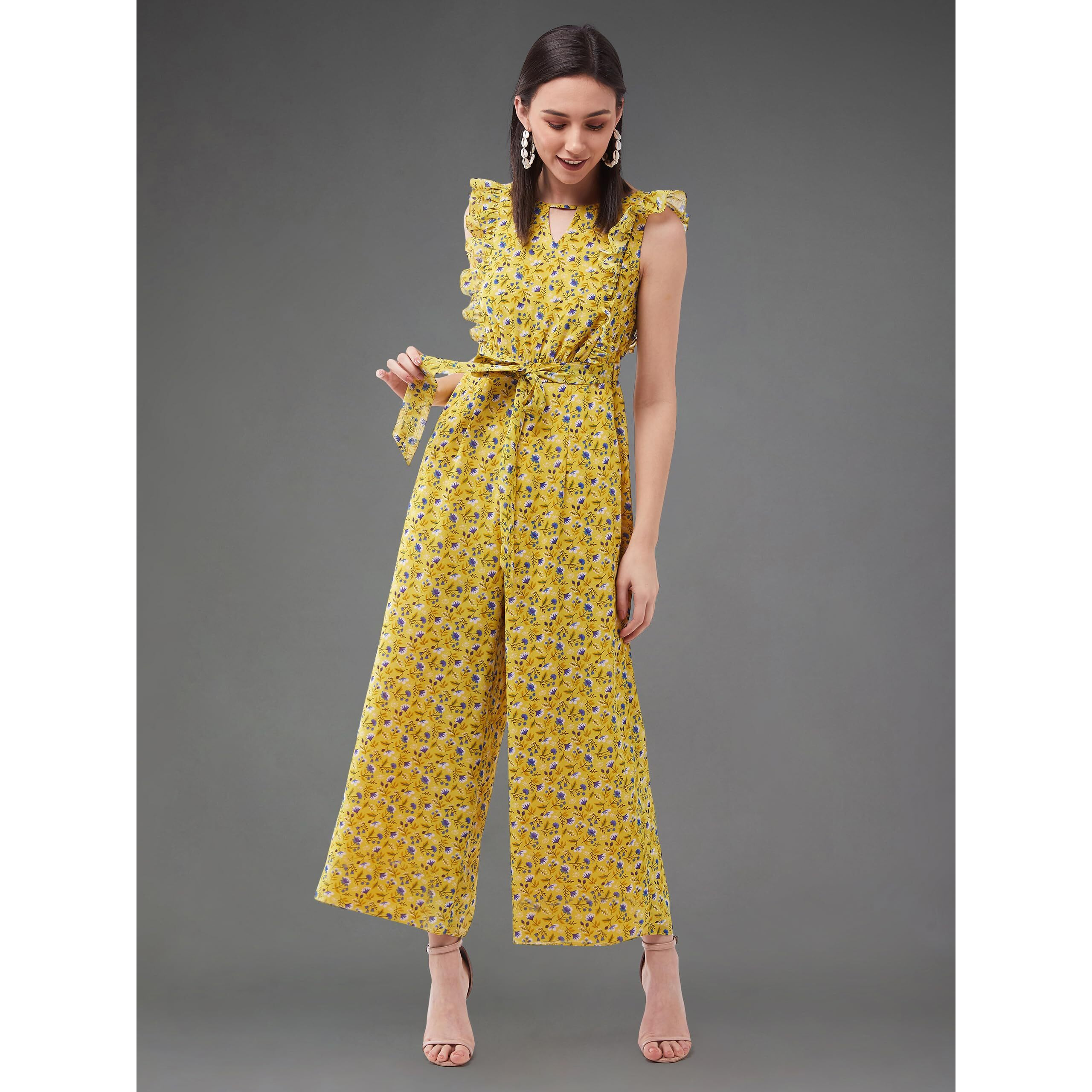 Miss Chase Women's Multicolored- Base- Yellow Round Neck Sleeveless Floral Wide Leg Regular Jumpsuit (Mcaw21D04-90-224-03,Multicolored- Base- Yellow,S)