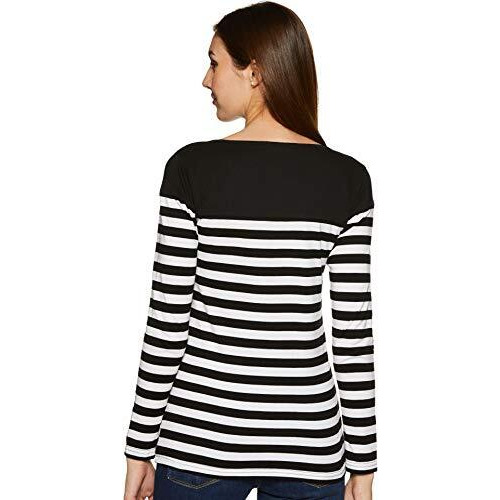 Miss Chase Women's Black And White Round Neck Full Sleeves Striped Basic Top(Mcaw14Tp01-67-98-02,Black And White,X-Small)
