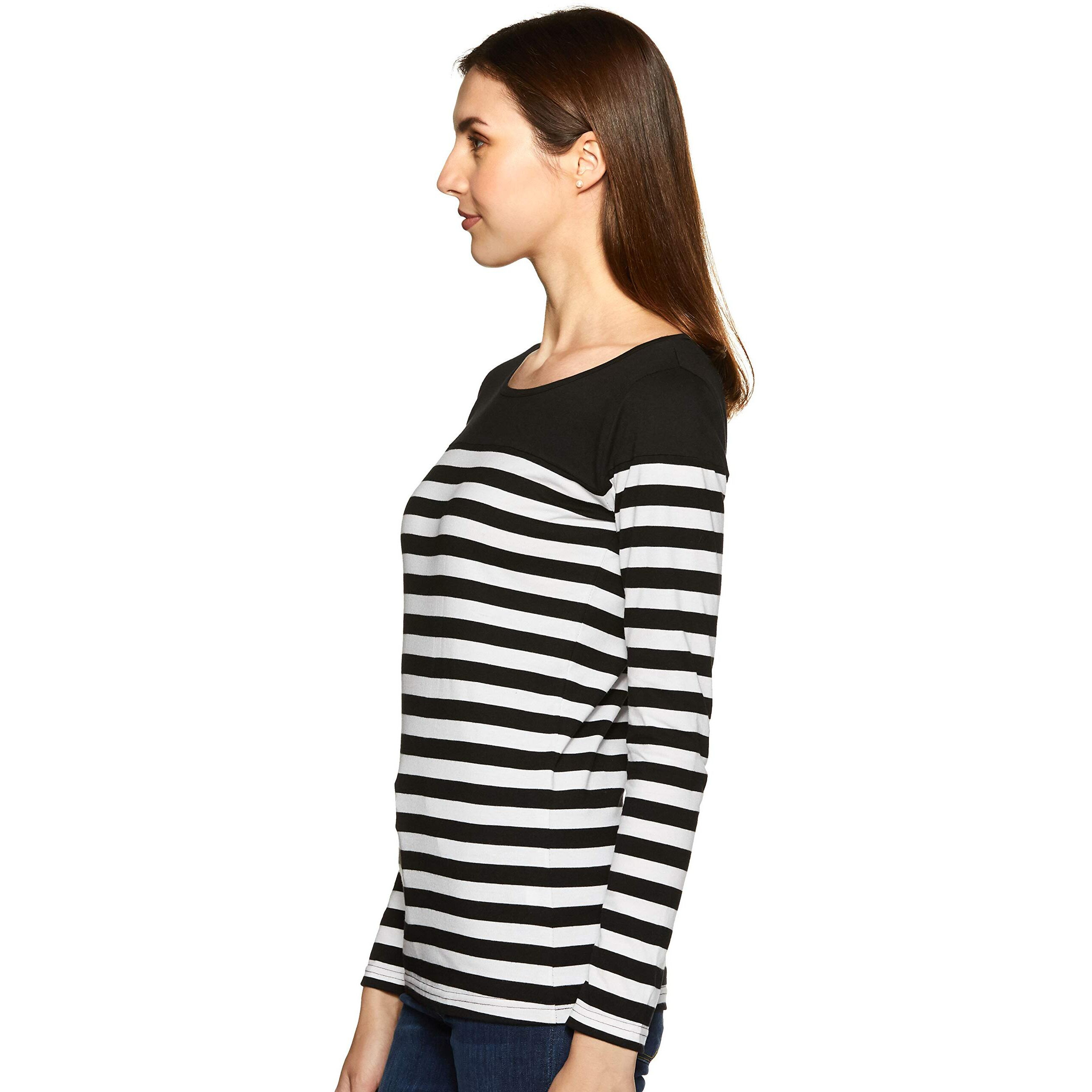 Miss Chase Women's Black And White Round Neck Full Sleeves Striped Basic Top(Mcaw14Tp01-67-98-02,Black And White,X-Small)
