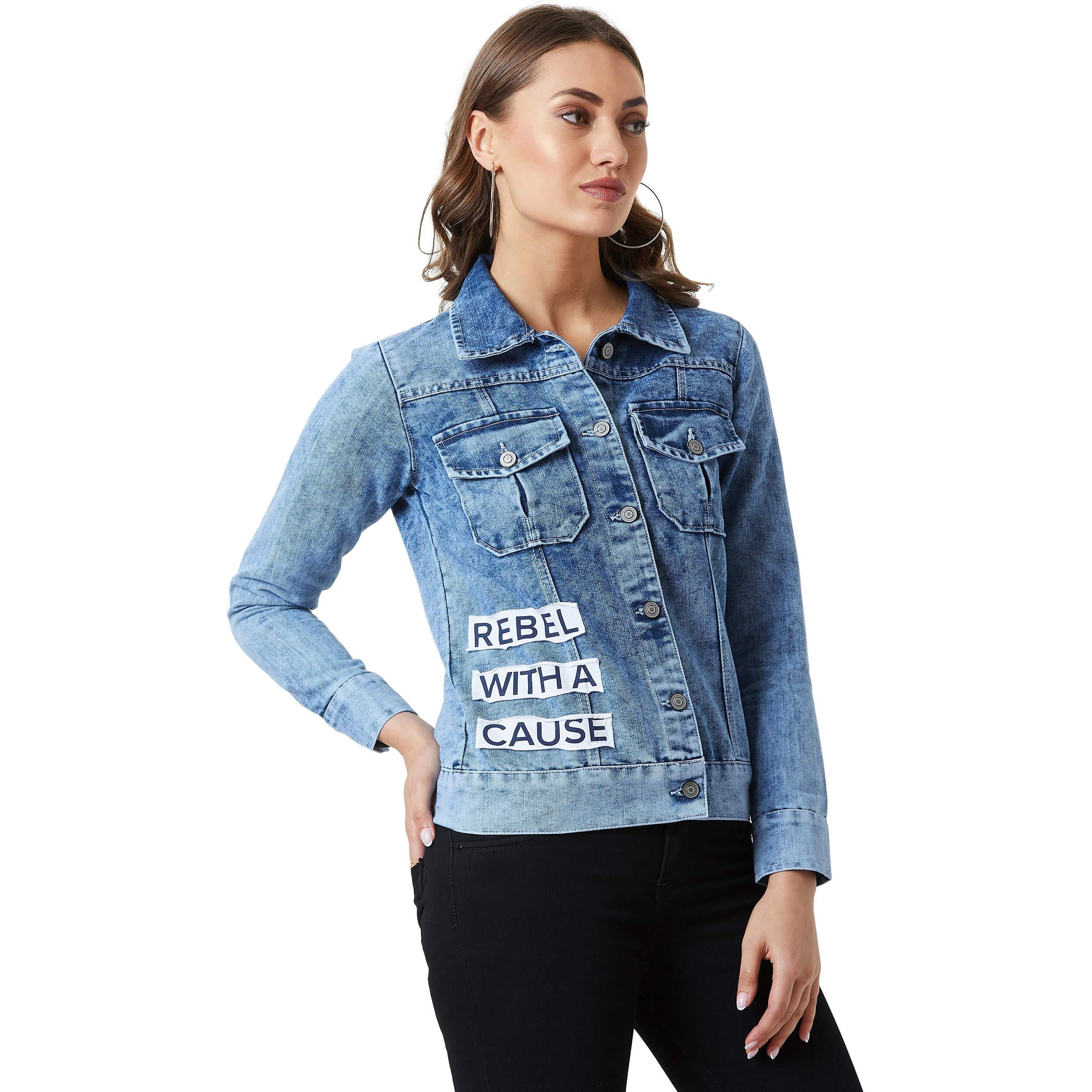 Miss Chase Relaxed Women's Light Blue Collared Solid Full Sleeve Regular Length Denim Jacket (Mcss19Den05-33-158 M)