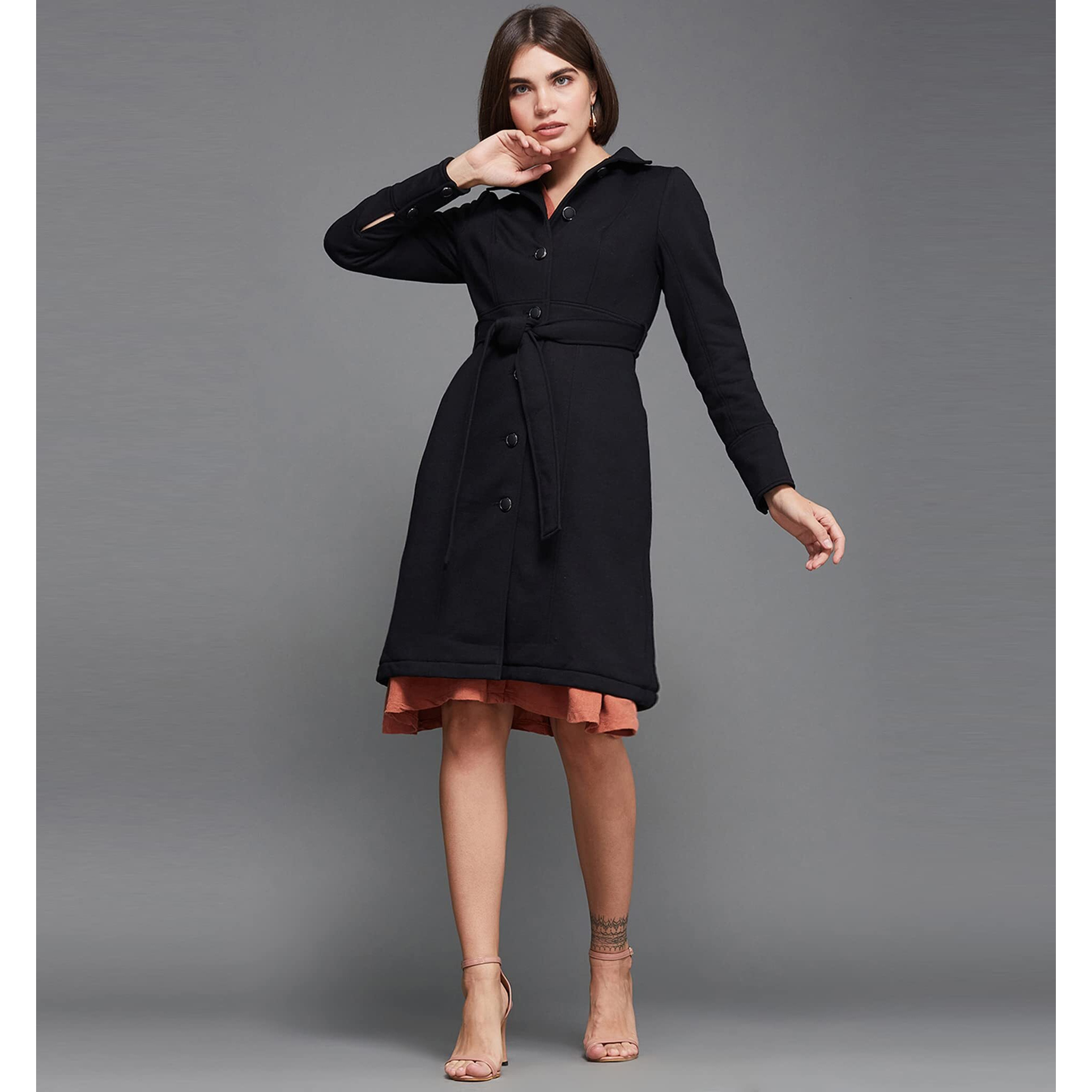 Miss Chase Women's Black Collared Full Sleeve Solid Longline Jacket (Mcaw21Jkt03-40-62-06, Black, Xl)