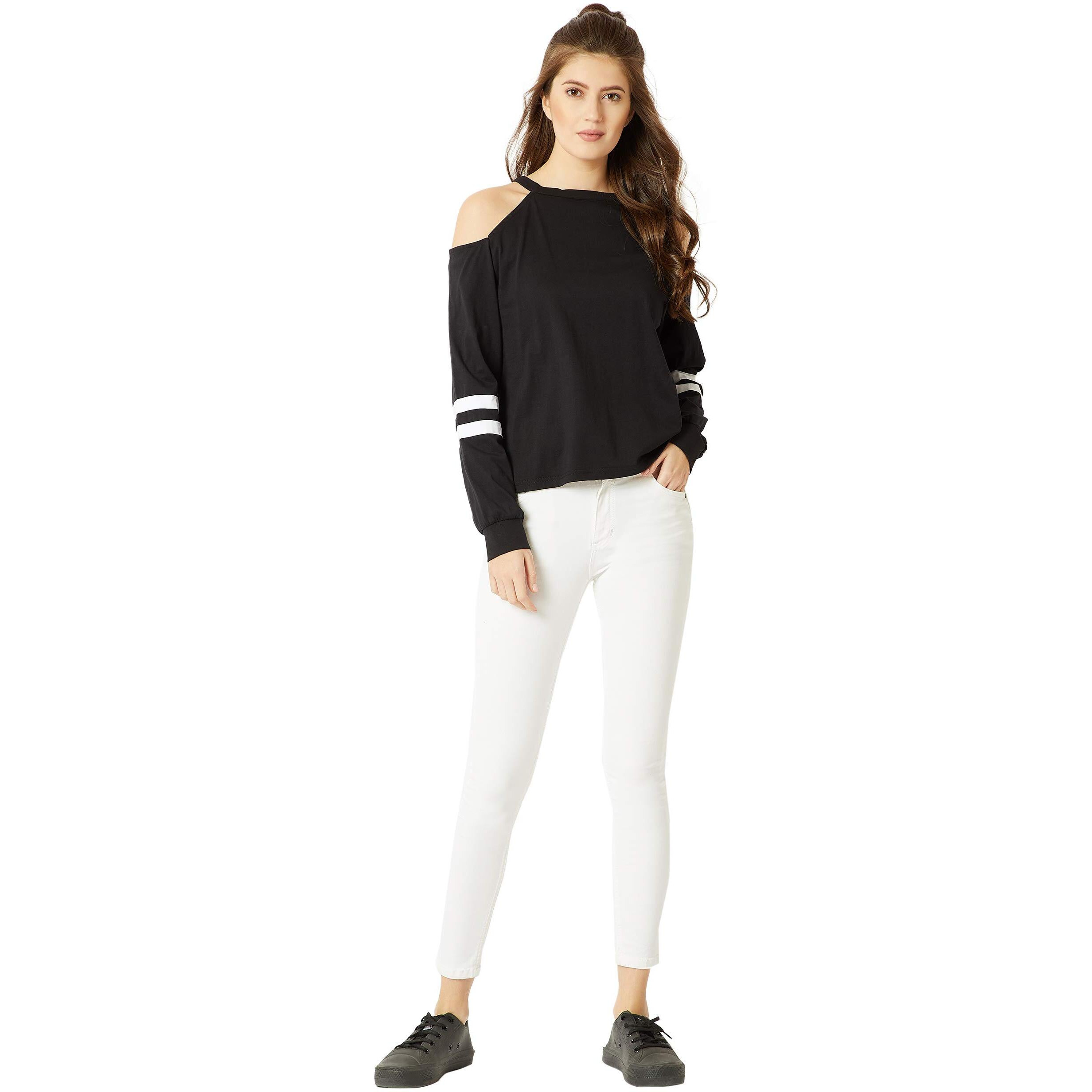 Miss Chase Women's Black Cotton Cold Shoulder Sweatshirt (Mcaw18Swt01-43-62-05_Black_Large)