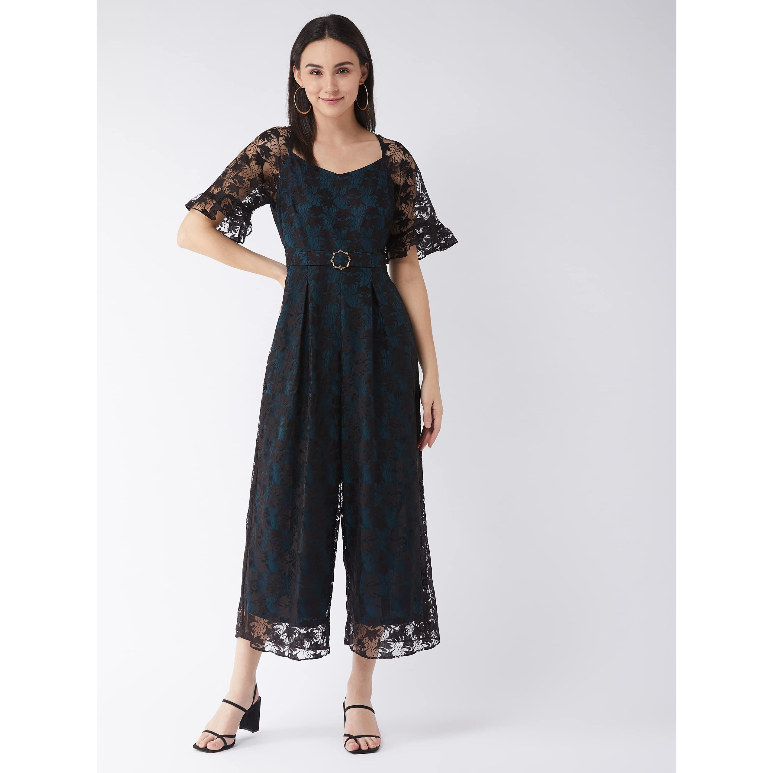 Miss Chase Women's Black & Teal V-Neck Raglan Sleeve Solid Lace Overlaid Regular Jumpsuit (Mcaw21D04-94-85-03, Black & Teal, S)