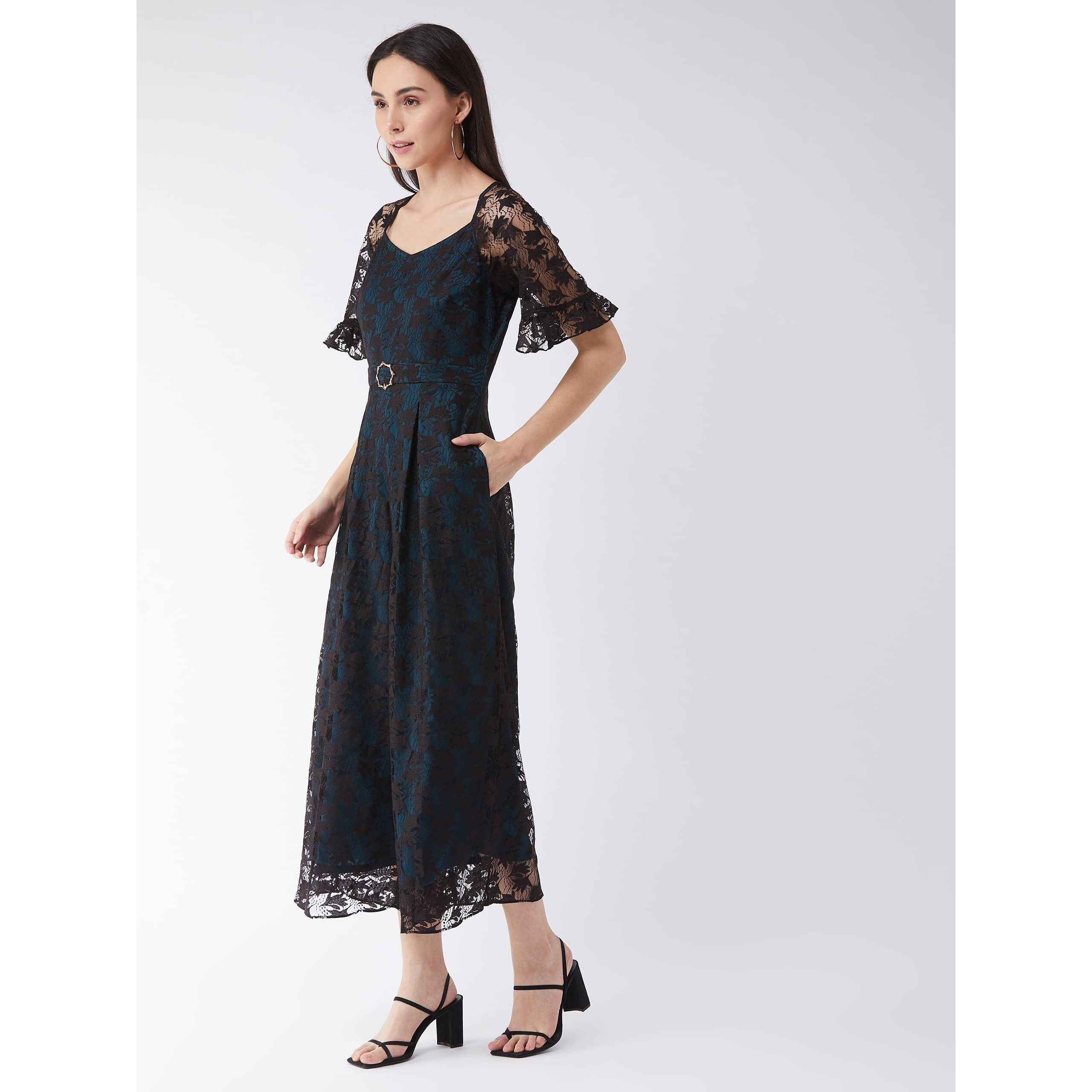 Miss Chase Women's Black & Teal V-Neck Raglan Sleeve Solid Lace Overlaid Regular Jumpsuit (Mcaw21D04-94-85-03, Black & Teal, S)