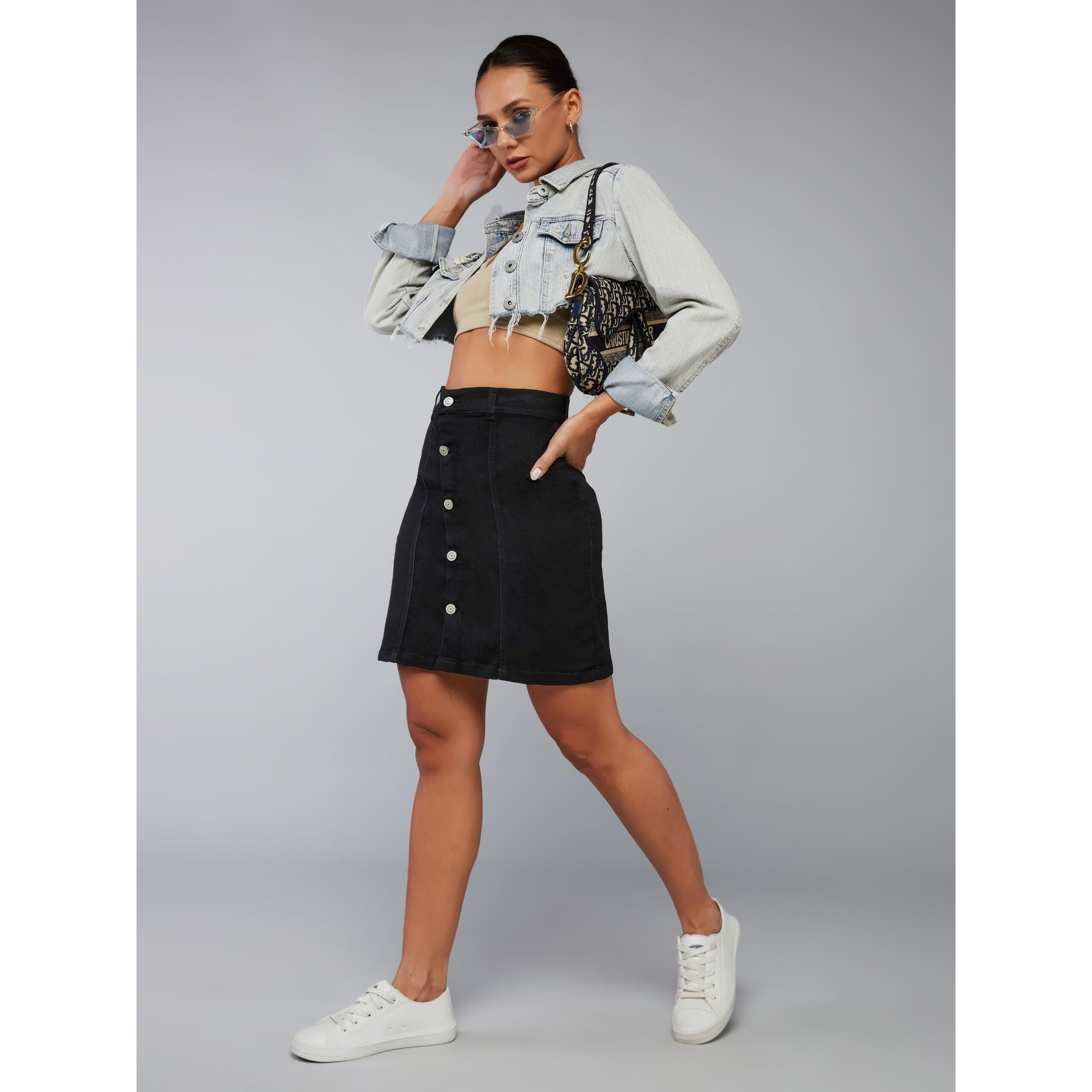 Miss Chase Women's Black A-Line Mini Denim Skirt(Mcss20Den11-04-62-26,Black,26)