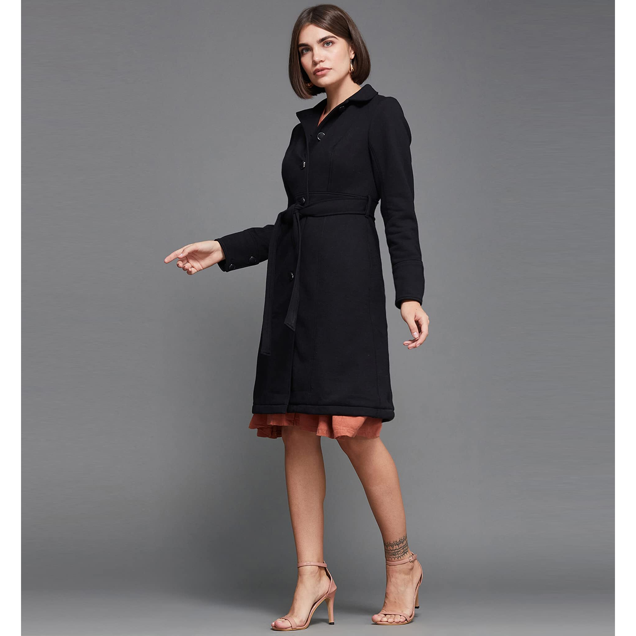 Miss Chase Women's Black Collared Full Sleeve Solid Longline Jacket (Mcaw21Jkt03-40-62-05, Black, L)