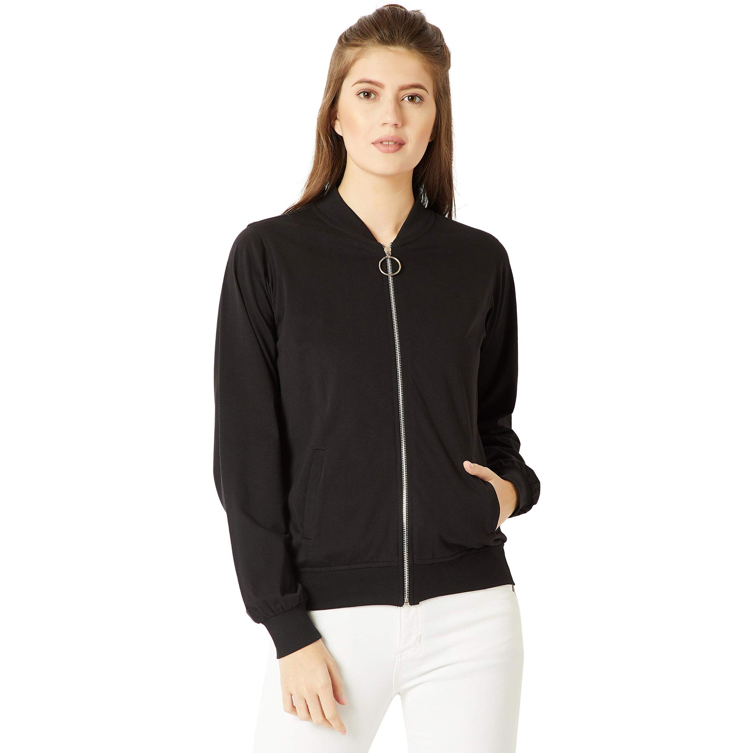 Miss Chase Women's Cotton Standard Round Neck Full Sleeves Solid Ring Puller Detailing Zippered Bomber Jacket (Mcaw18Jkt02-54-62_Black_S)