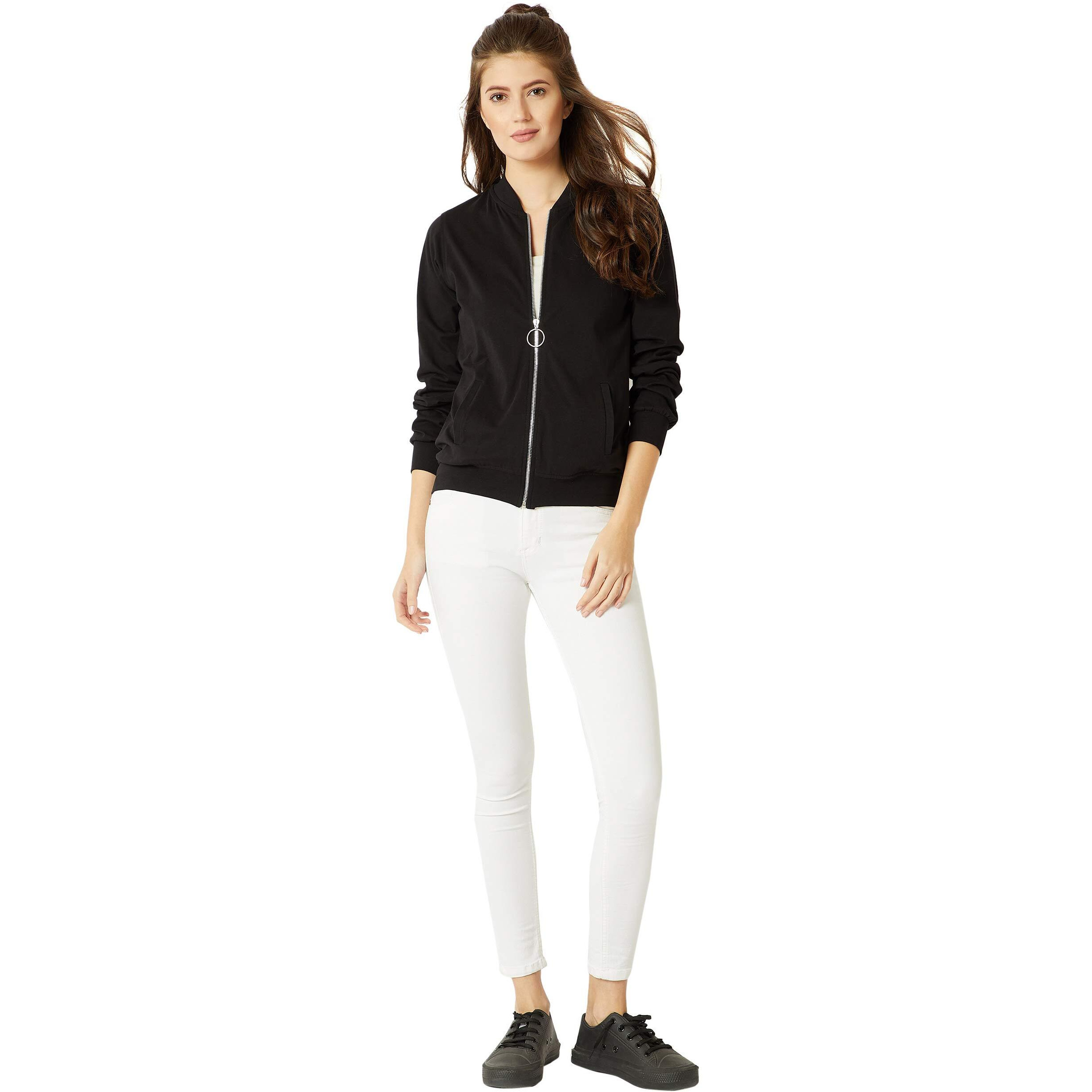 Miss Chase Women's Cotton Standard Round Neck Full Sleeves Solid Ring Puller Detailing Zippered Bomber Jacket (Mcaw18Jkt02-54-62_Black_S)