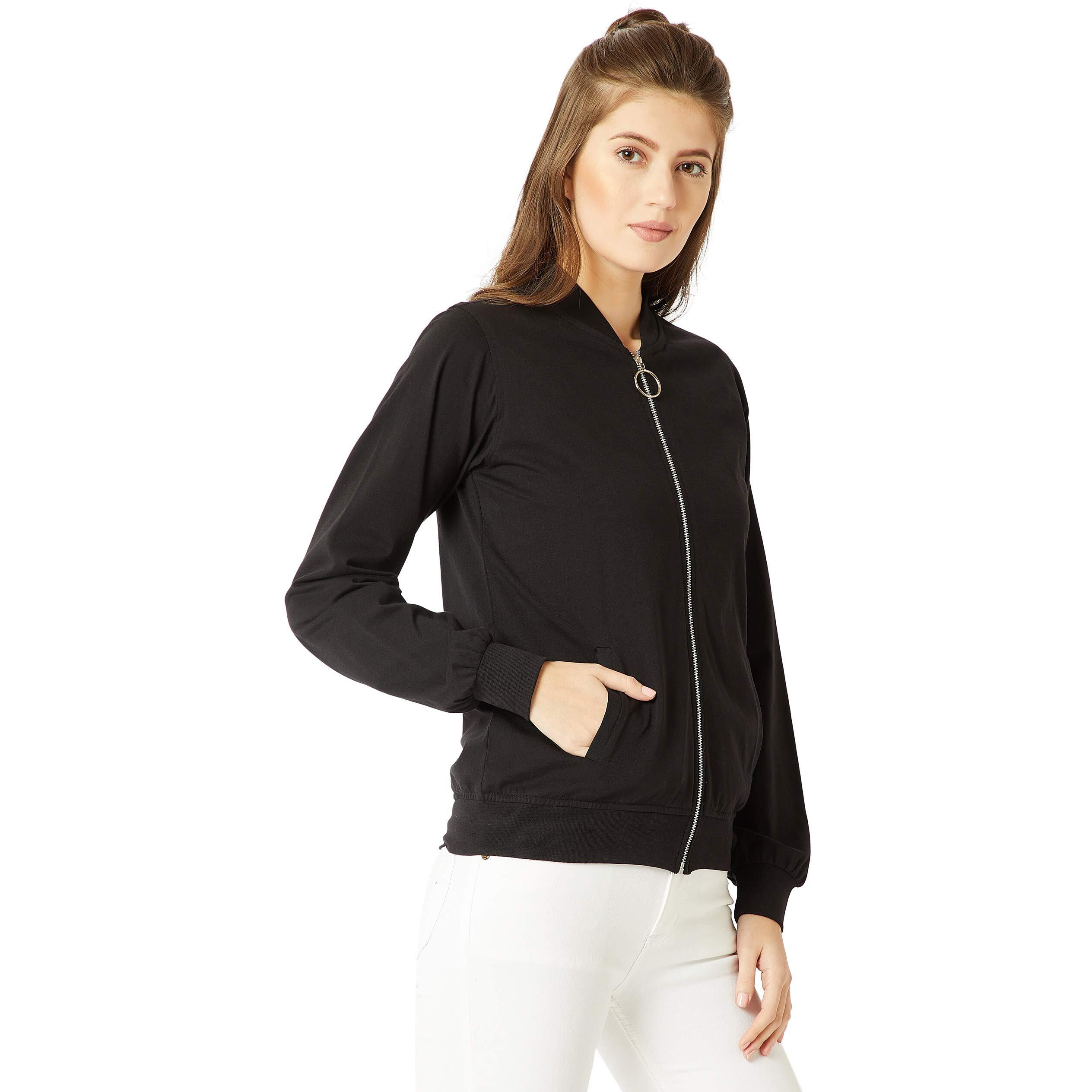 Miss Chase Women's Cotton Standard Round Neck Full Sleeves Solid Ring Puller Detailing Zippered Bomber Jacket (Mcaw18Jkt02-54-62_Black_S)