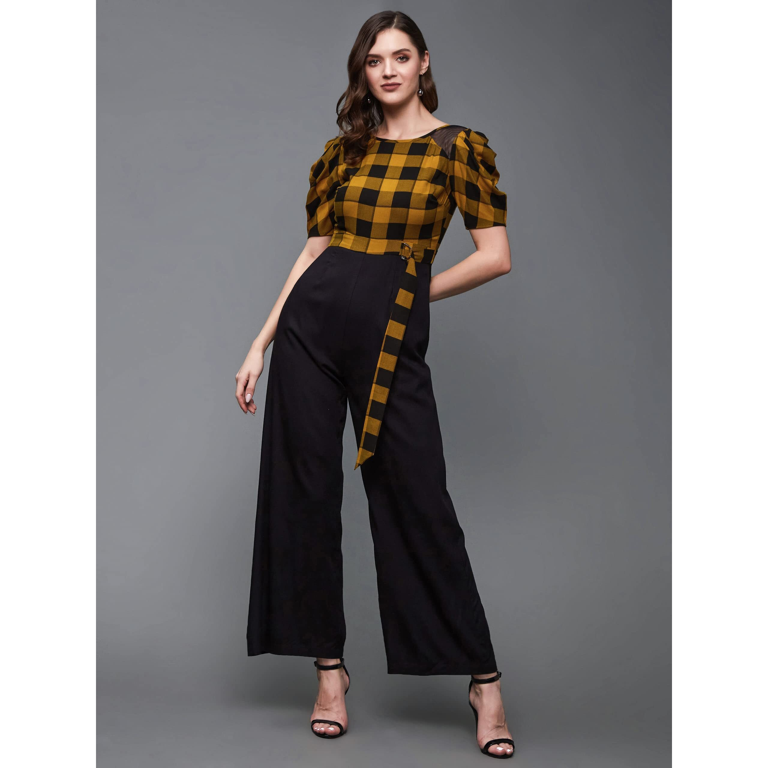Miss Chase Women's Black & Mustard Round Neck Cowl Sleeve Checkered Wide-Leg Viscose-Rayon Regular Length Jumpsuit (Mcss23D15-71-298-02, Black & Mustard, Xs)