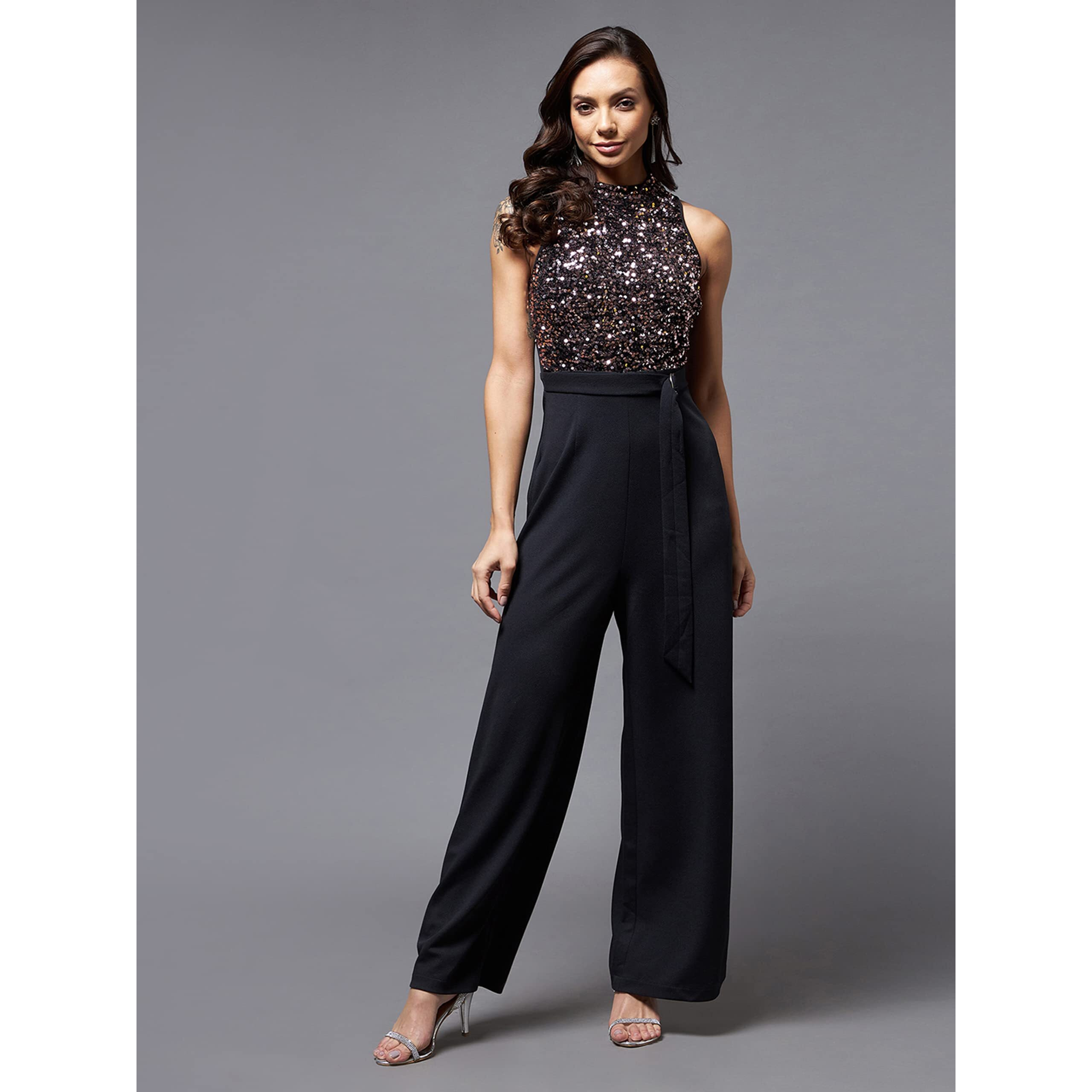 Miss Chase Women's Black And Lavender Embellished Regular Jumpsuit (Mcss22D99-73-245-03, Black And Lavender, S)