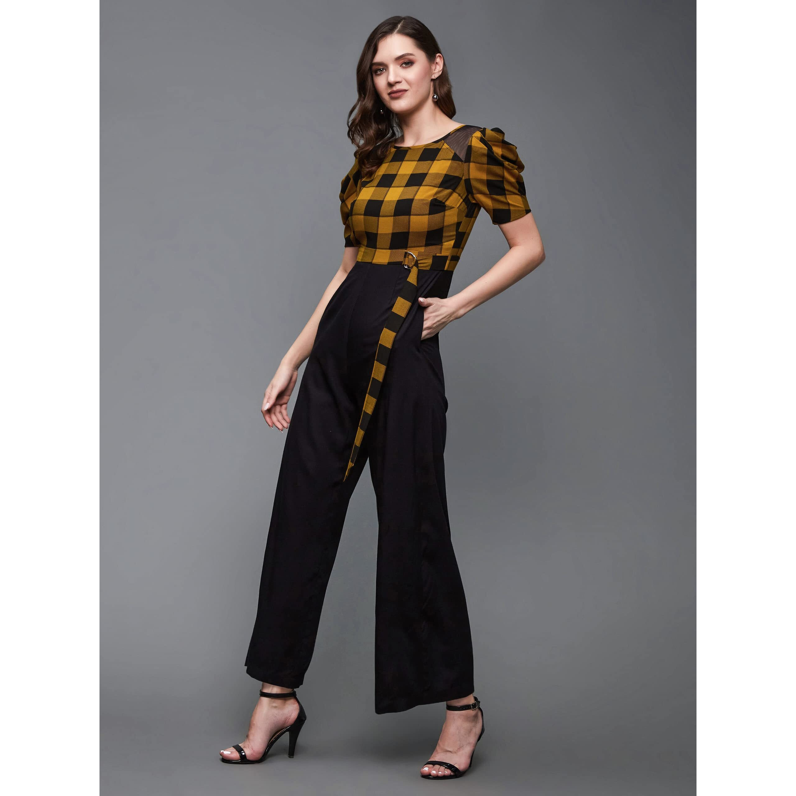 Miss Chase Women's Black & Mustard Round Neck Cowl Sleeve Checkered Wide-Leg Viscose-Rayon Regular Length Jumpsuit (Mcss23D15-71-298-06, Black & Mustard, Xl)