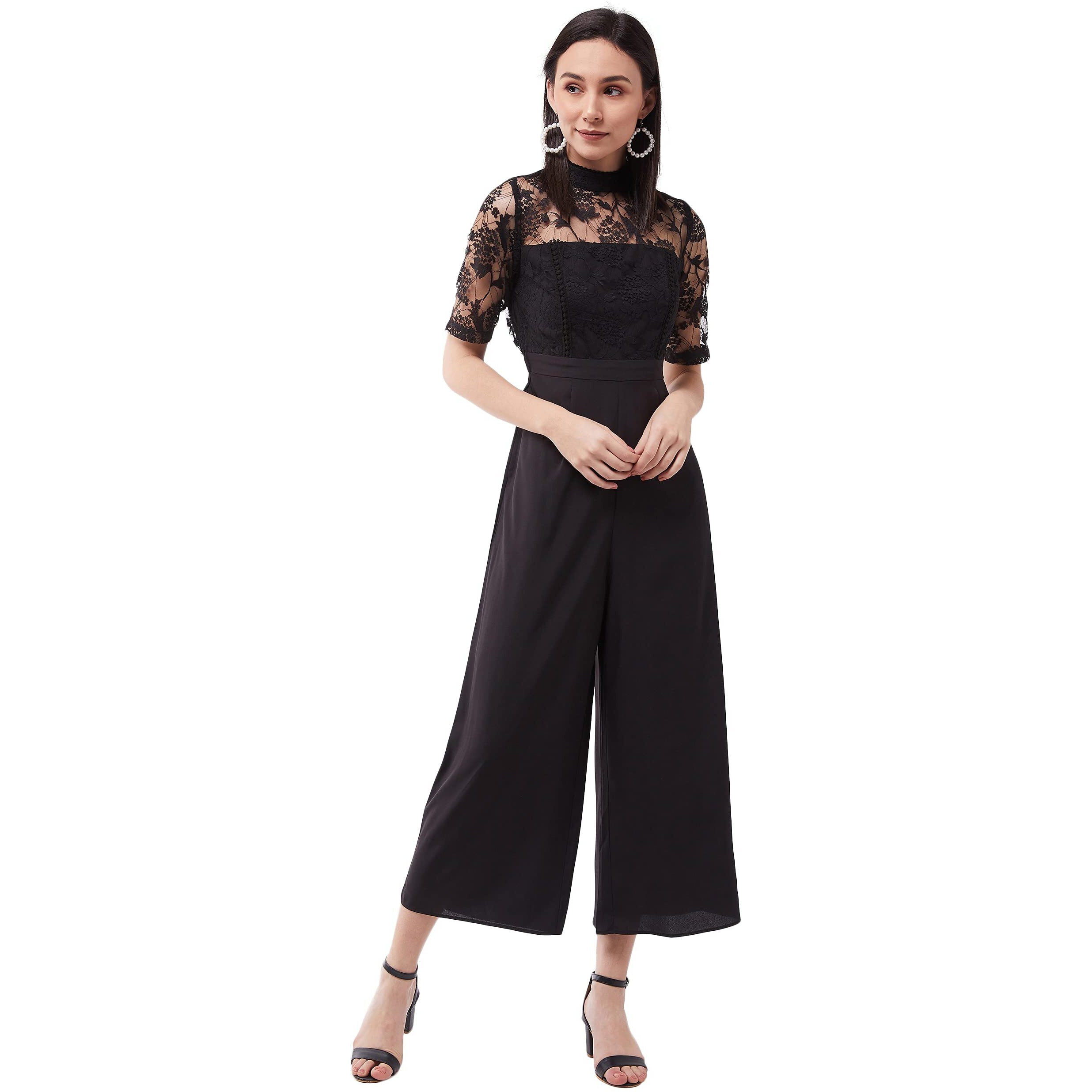 Miss Chase Women's Black Floral Printed Crepe Regular Fit Polo Neck Short Sleeve Regular Length Jumpsuit (Mcss21D04-87-62-05,Black,L)