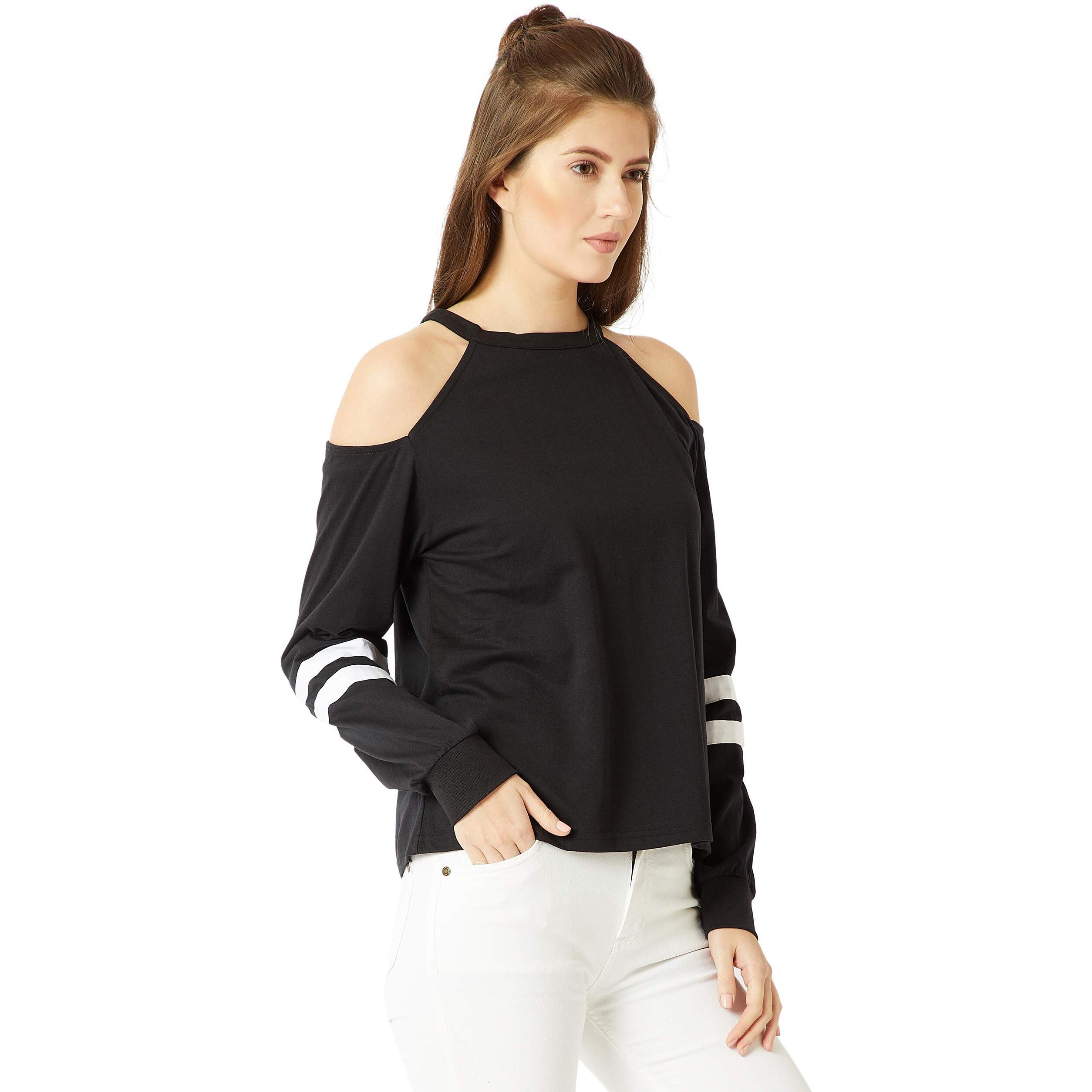 Miss Chase Women's Black Cotton Cold Shoulder Sweatshirt (Mcaw18Swt01-43-62-02_Black_X-Small)
