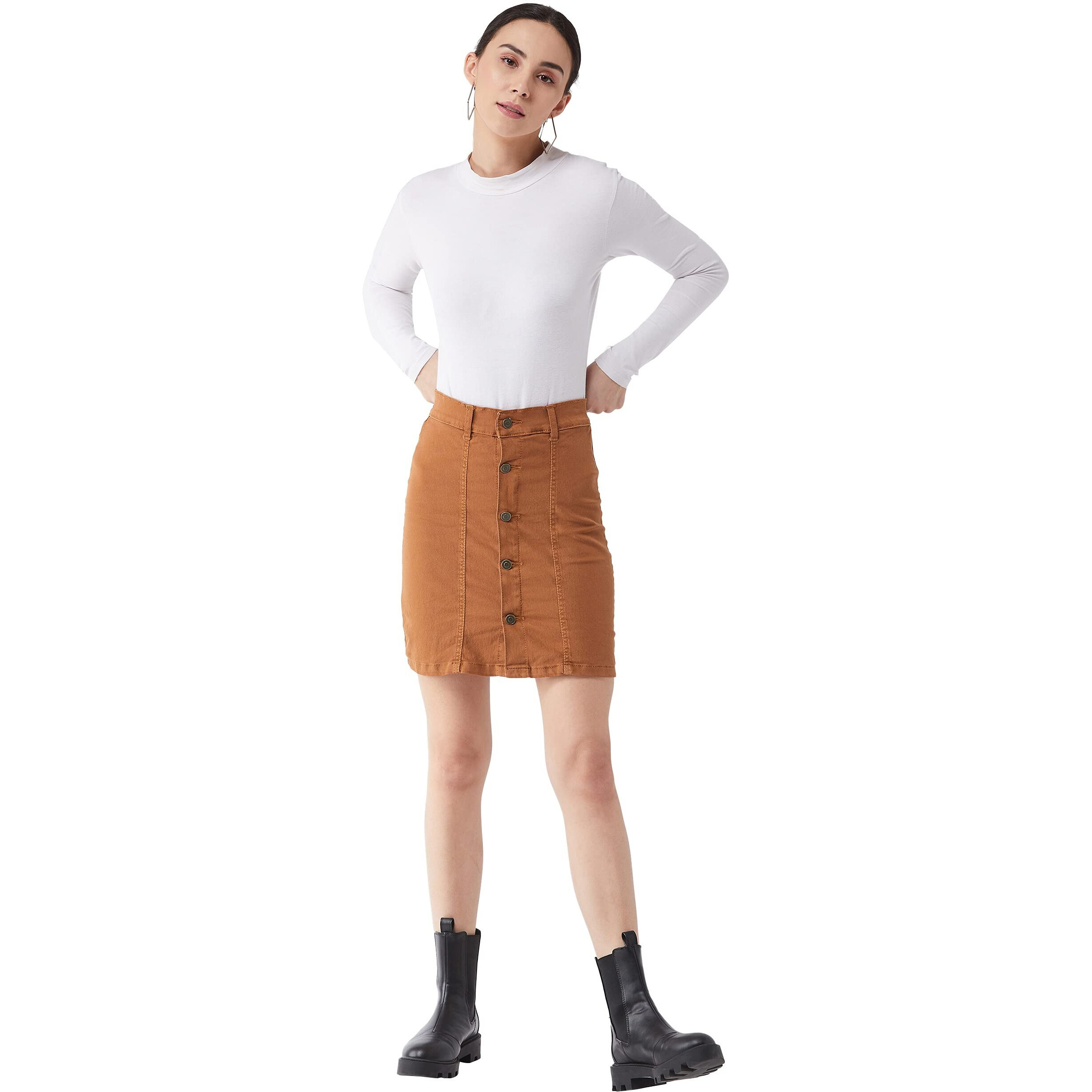 Miss Chase Women's Rust Cotton Slim Fit Relaxed High Rise Mini Denim Skirt (Mcss21Den99-36-606-34,Rust,34)