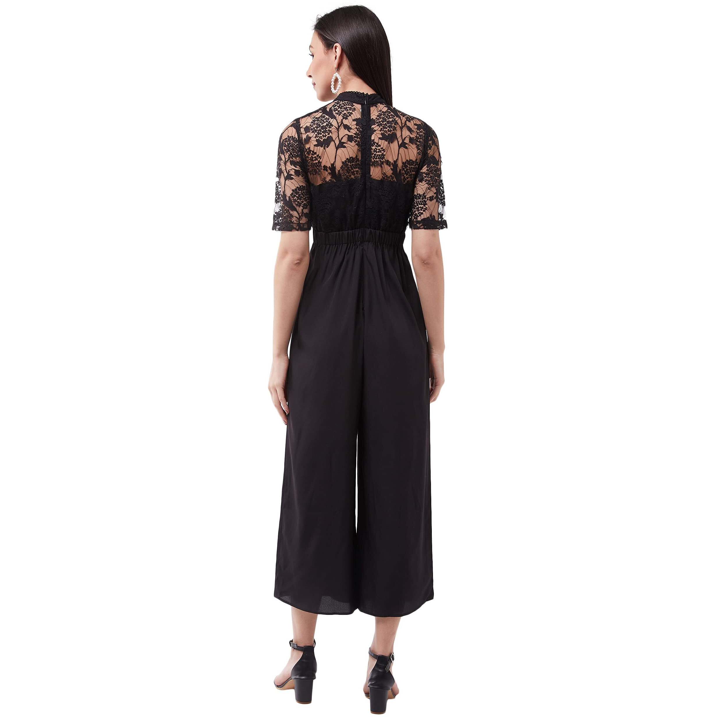 Miss Chase Women's Black Floral Printed Crepe Regular Fit Polo Neck Short Sleeve Regular Length Jumpsuit (Mcss21D04-87-62-02,Black,Xs)